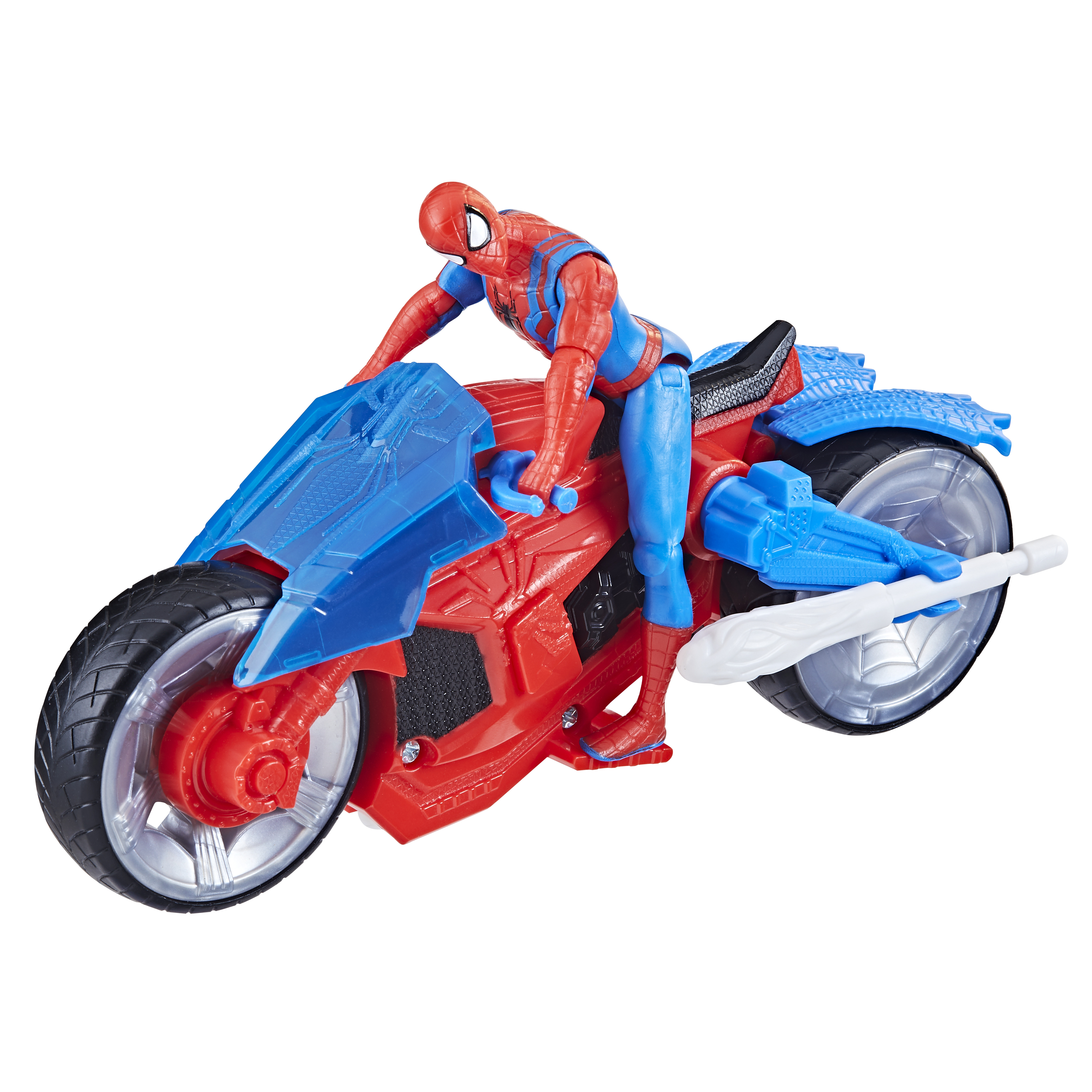 Spider-Man-Spielzeug auf einem rot-blauen Motorrad. Die Figur ist rot und blau.
