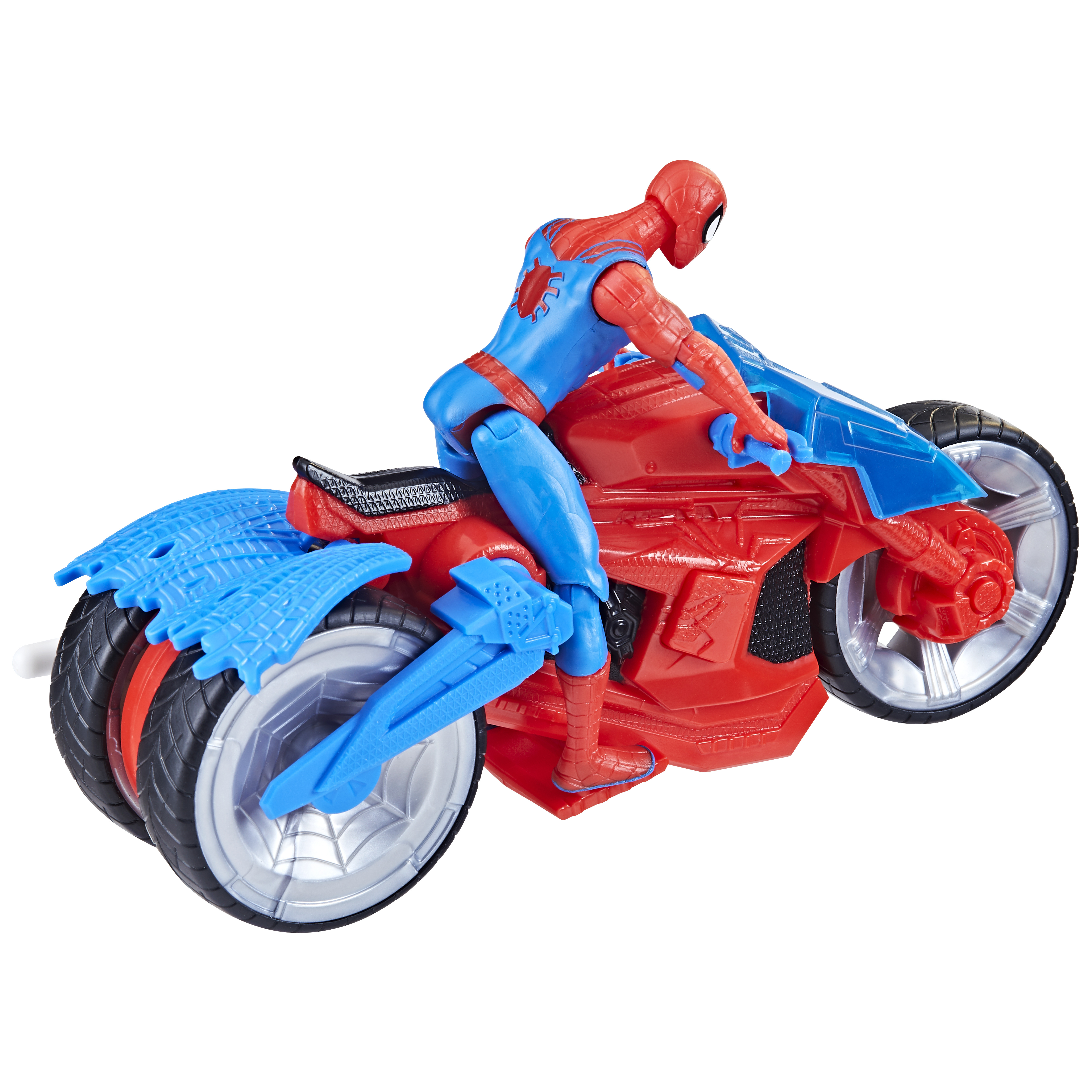 Spider-Man-Spielzeug auf einem rot-blauen Motorrad. Das Motorrad hat blaue Netz-Akzente. Der Hintergrund ist weiß.