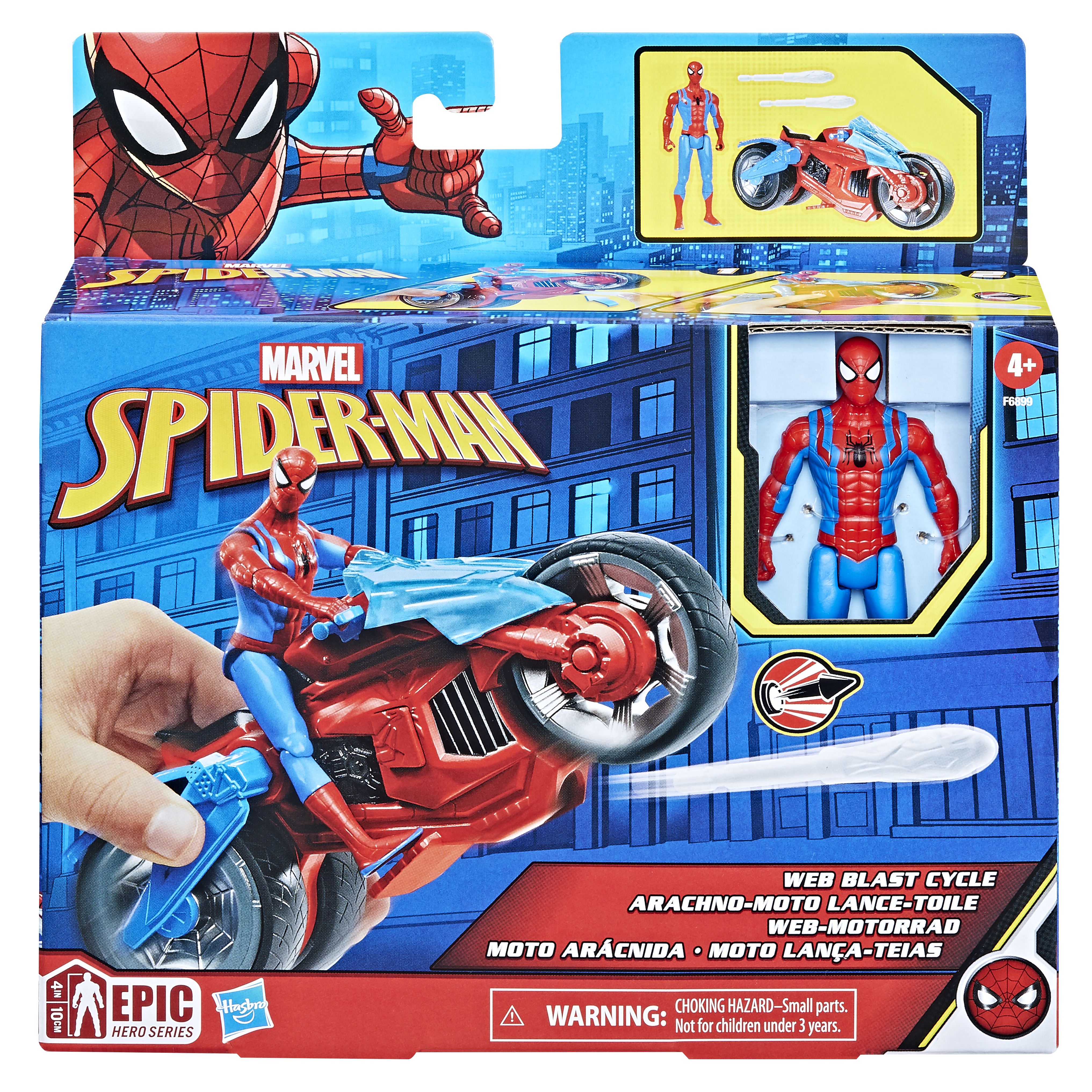 Spider-Man-Spielzeug auf einem rot-blauen Motorrad in einer Box mit Spider-Man-Grafiken und Warnhinweisen.