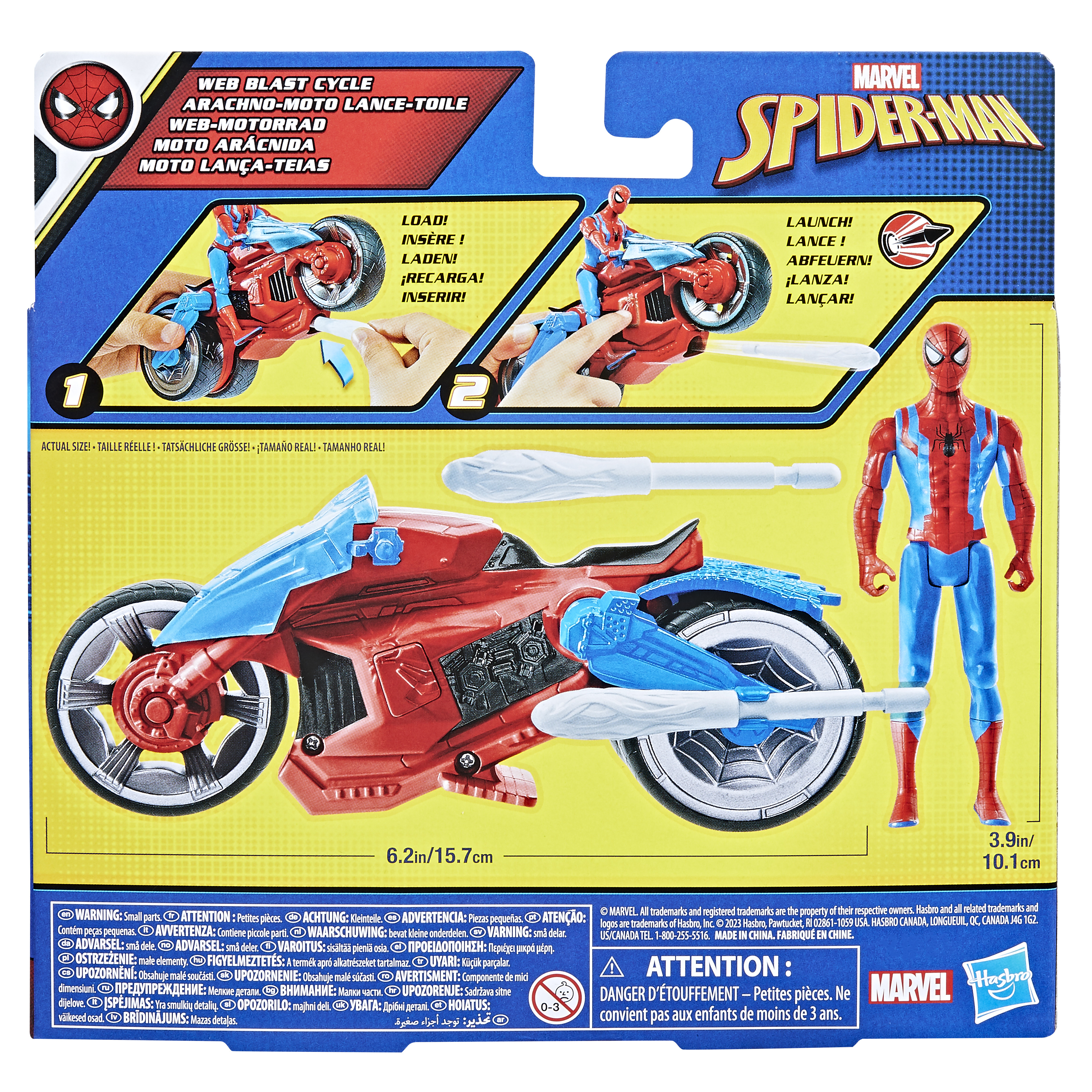 Verpackung zeigt Spider-Man-Figur mit rotem und blauem Motorradspielzeug.