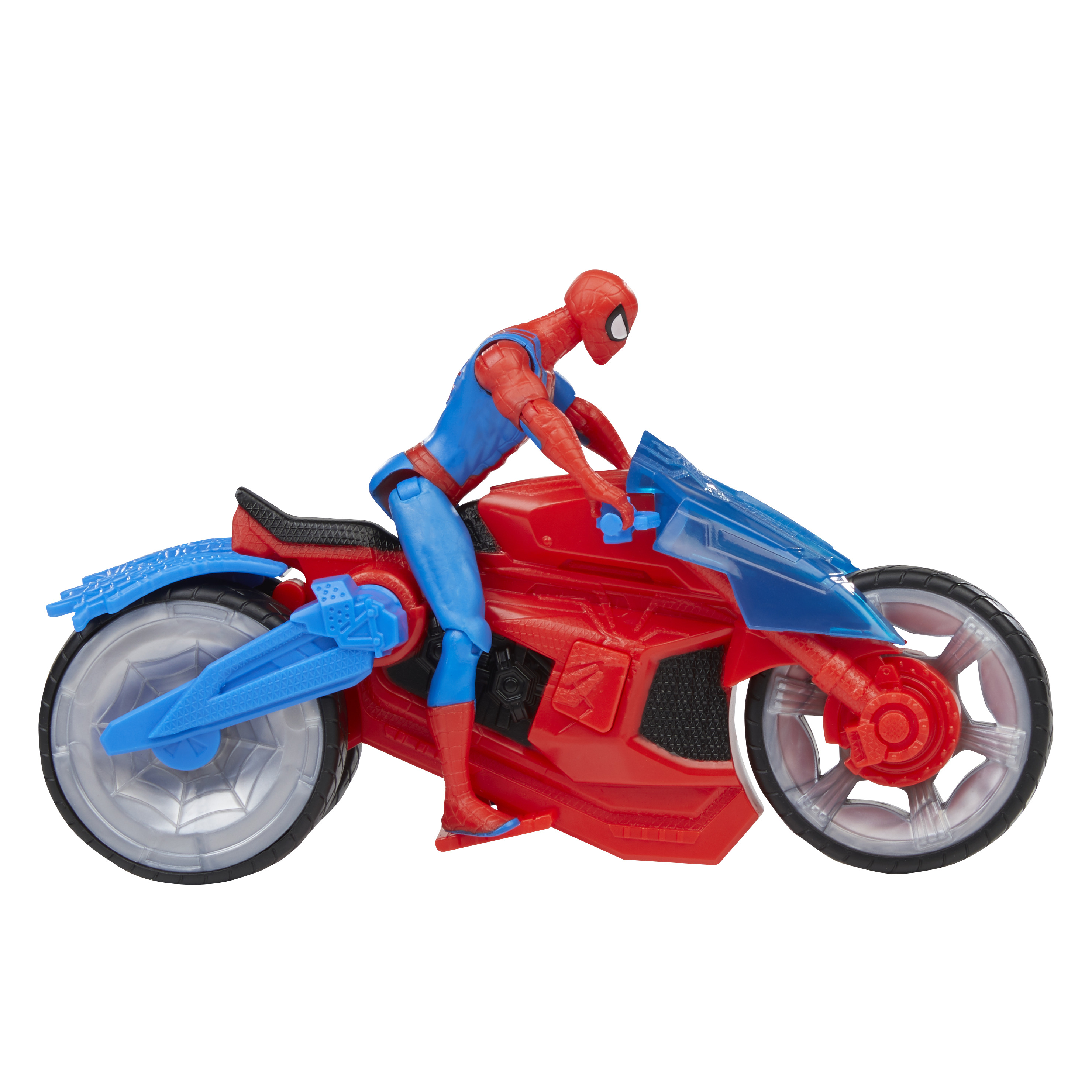 Spider-Man-Spielfigur, die ein rot-blaues Motorrad fährt. Weißer Hintergrund.