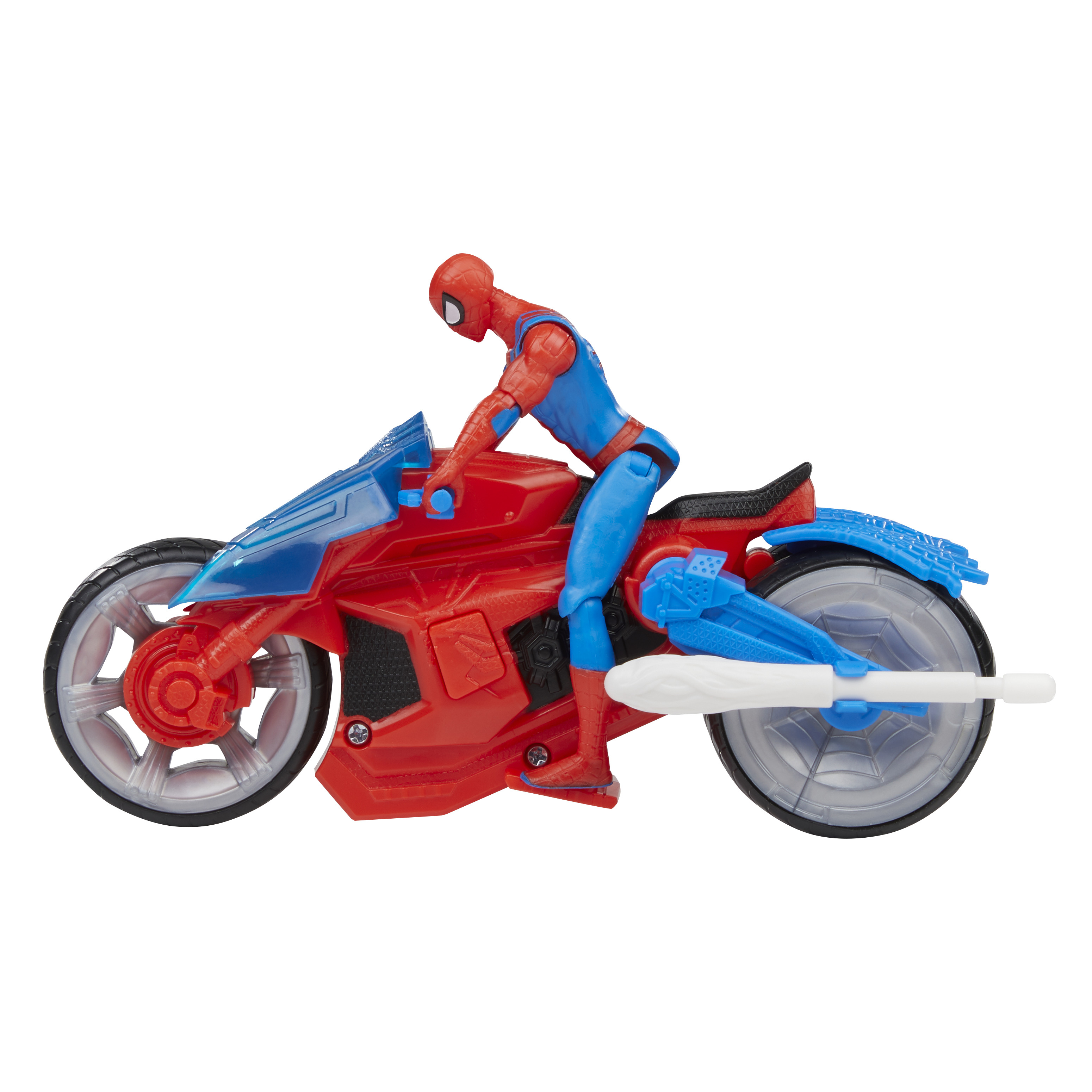 Spider-Man-Spielzeug auf einem rot-blauen Motorrad. Der Hintergrund ist weiß.