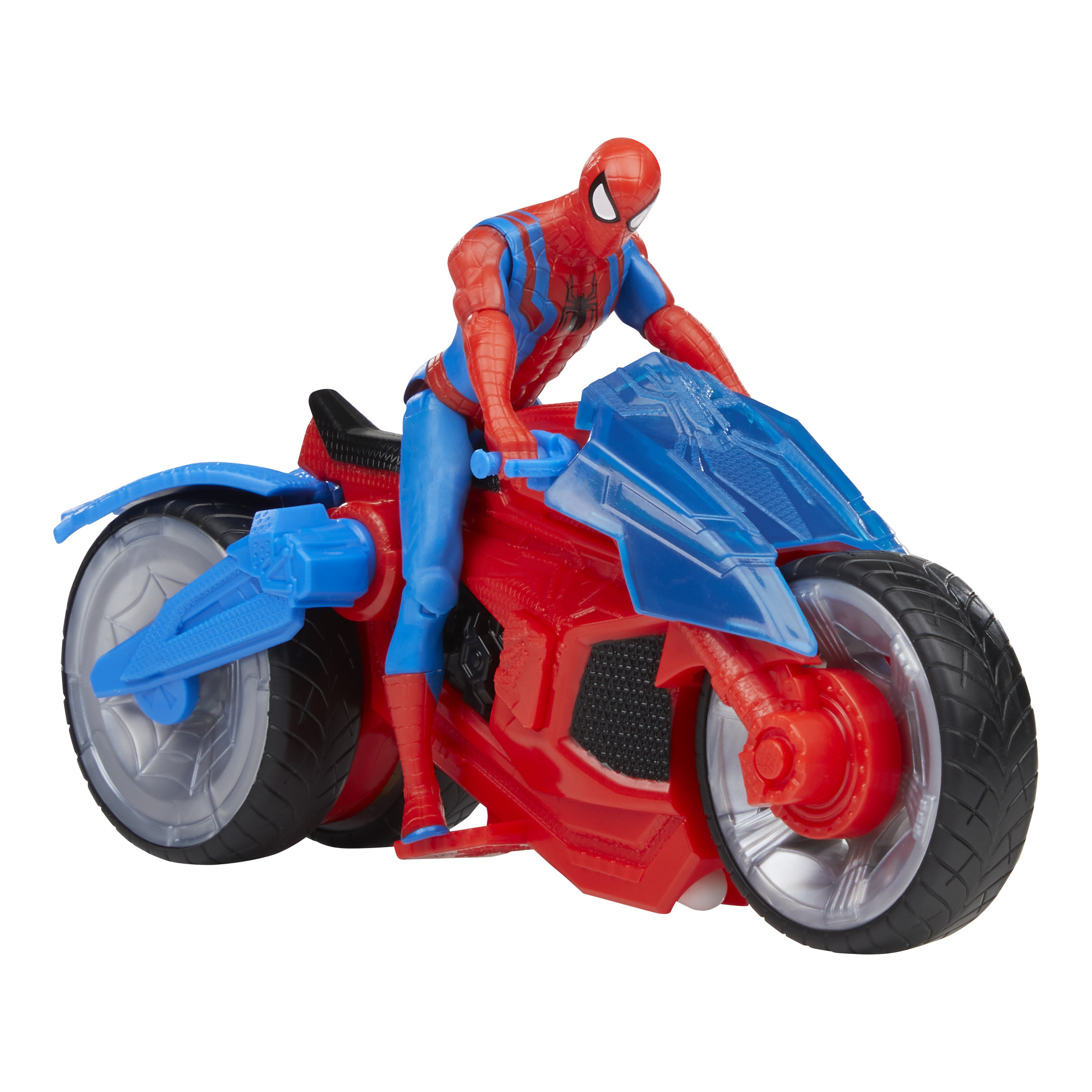 Spider-Man-Spielzeug auf einem rot-blauen Motorrad. Die Figur ist rot und blau.