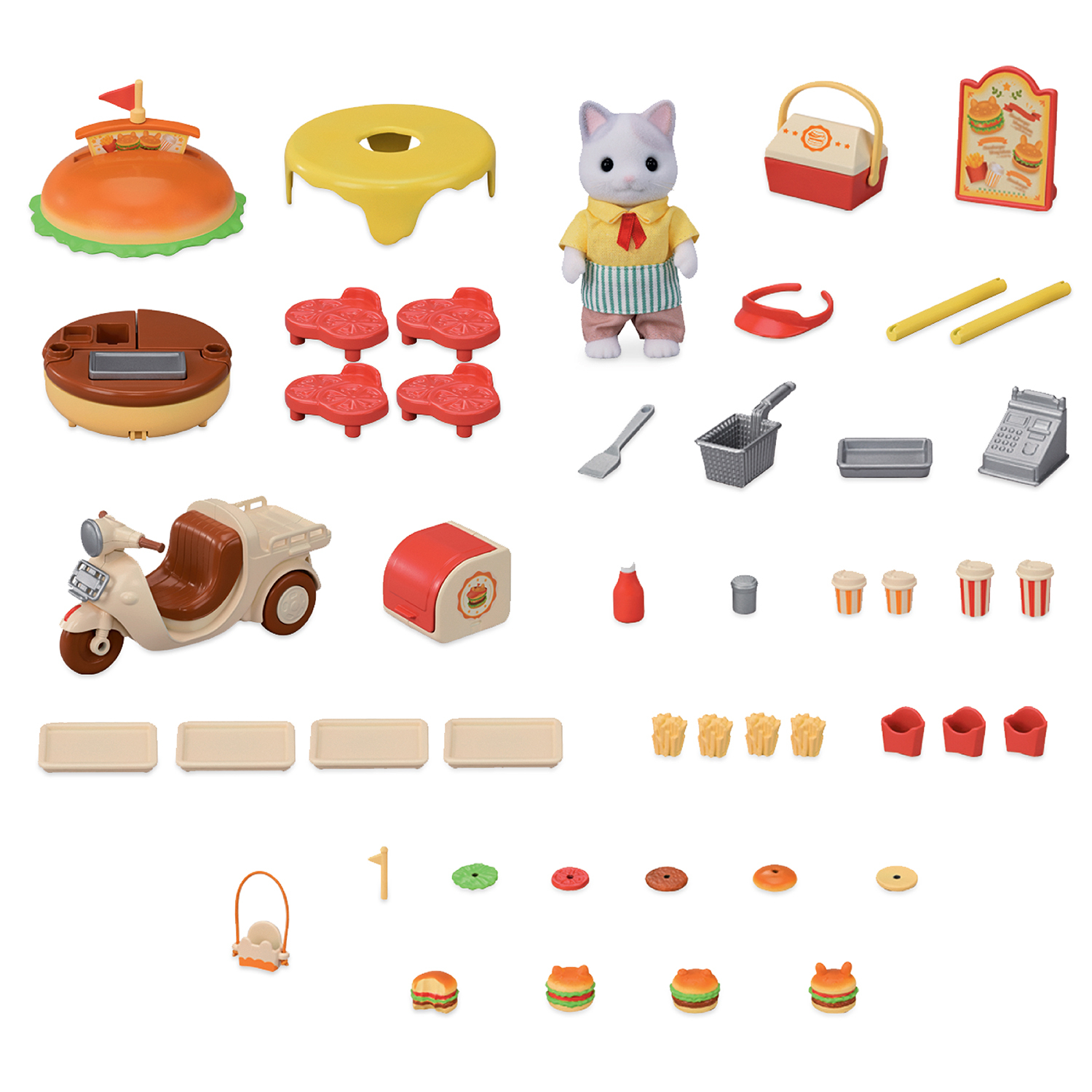 Una colección de juguetes de comida y una figura de gato. Incluye hamburguesas, patatas fritas, bebidas y un scooter.