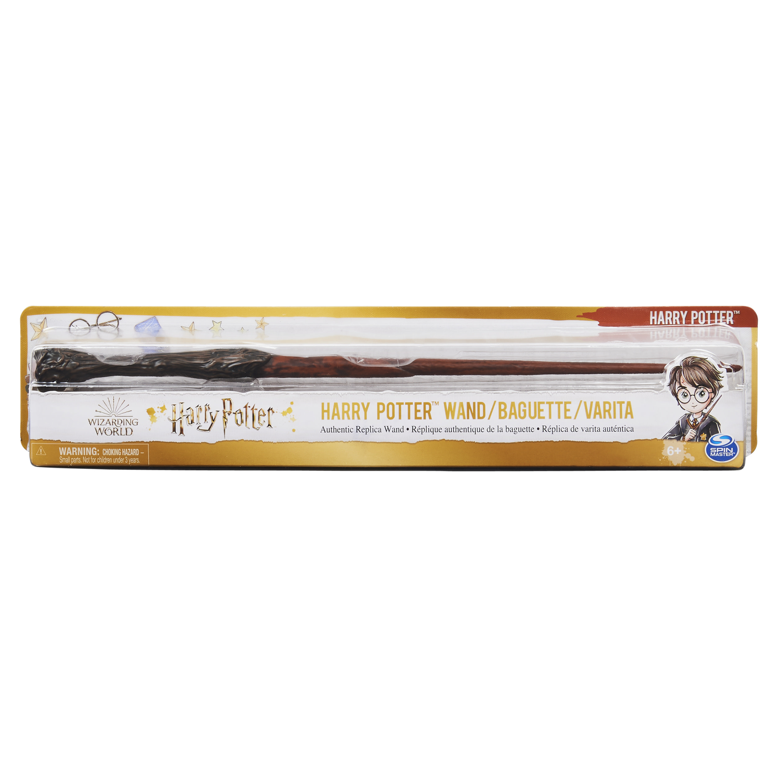 Una varita de Harry Potter en un estuche de plástico transparente. El empaque tiene texto y una imagen de Harry Potter.