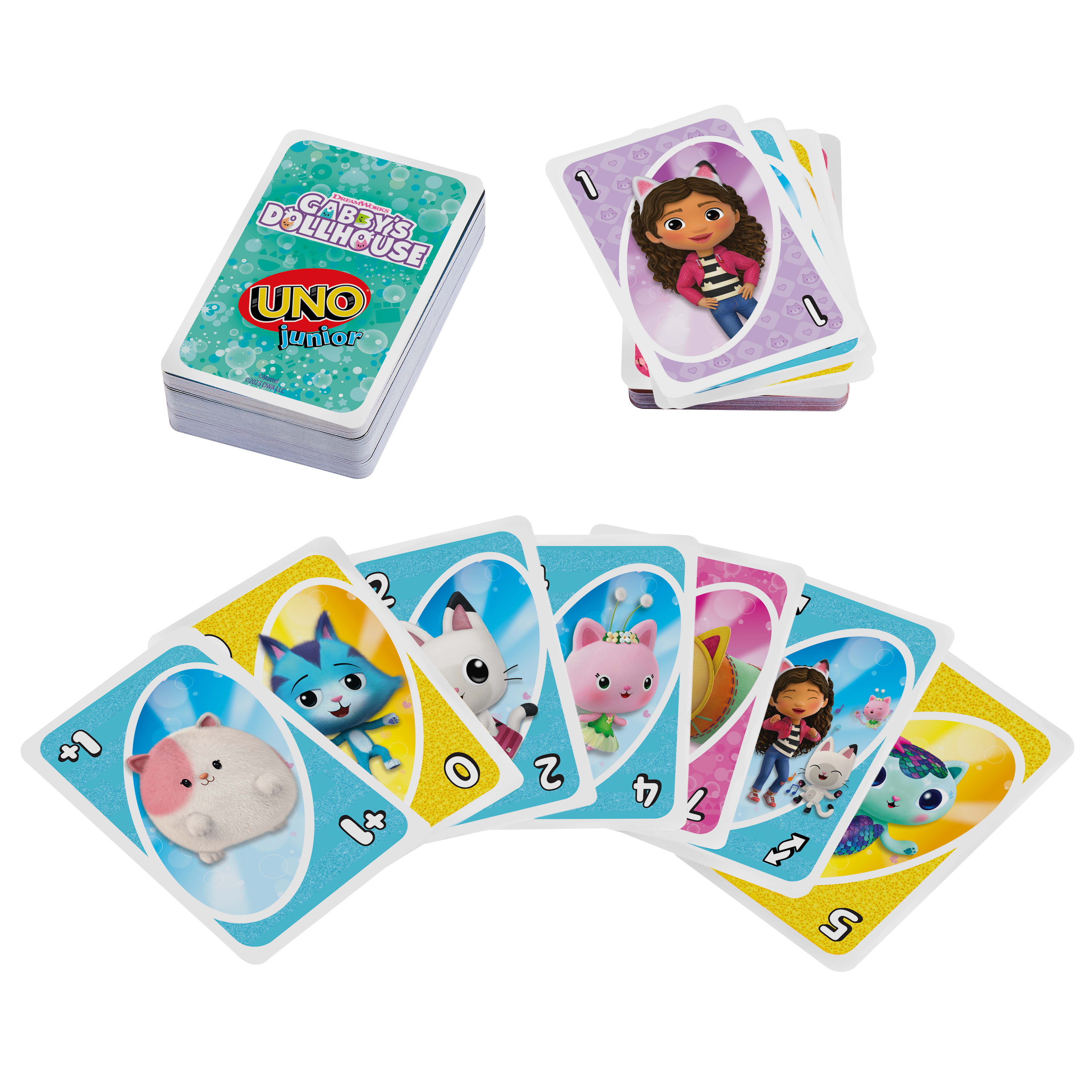 Afbeelding toont Gabby's Dollhouse UNO Junior kaarten. Er zijn stapels kaarten en enkele uitwaaierend, met karakters en nummers.