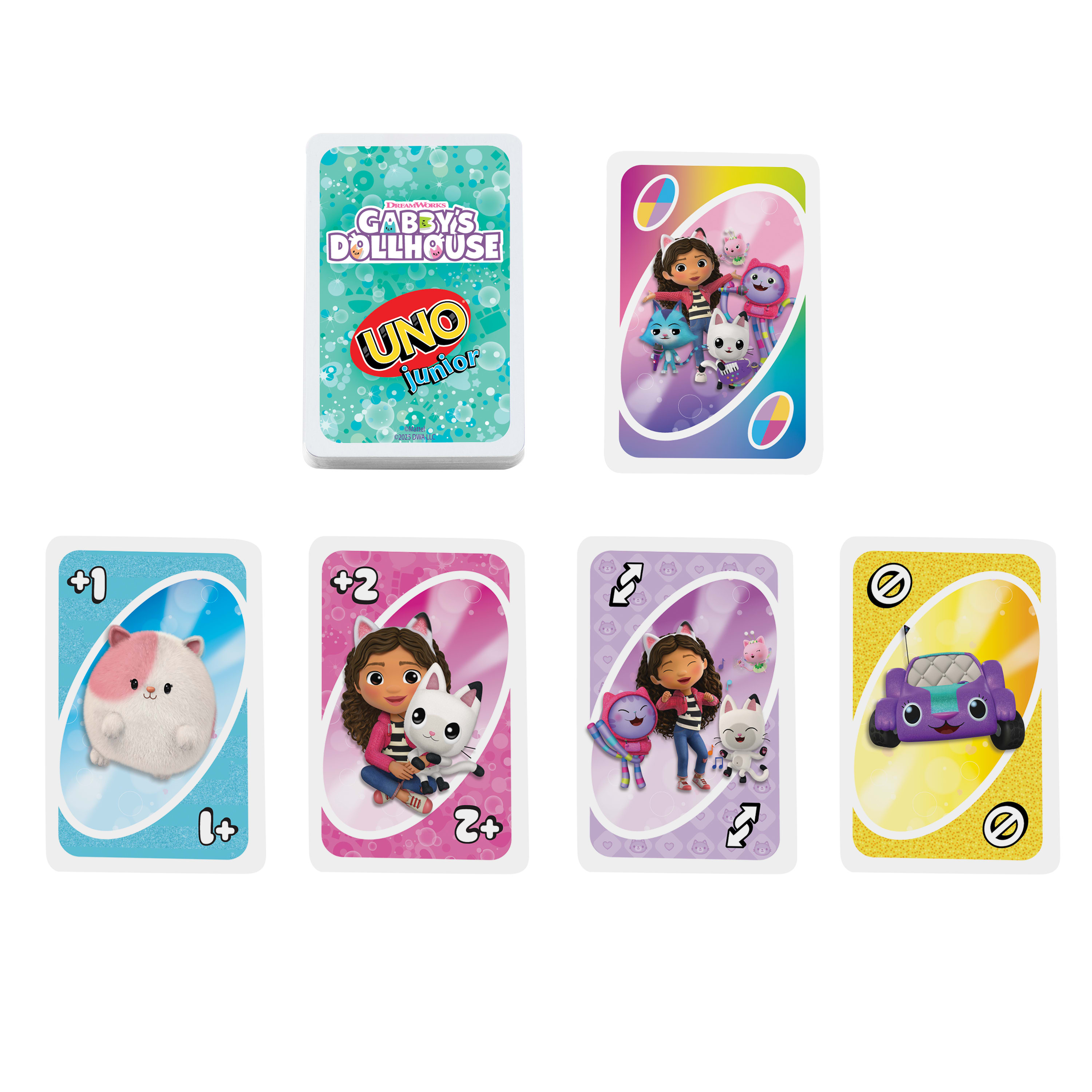 Uno Junior kaarten met Gabby's Dollhouse-personages. Kaarten tonen personages en symbolen, met een kaartspel.