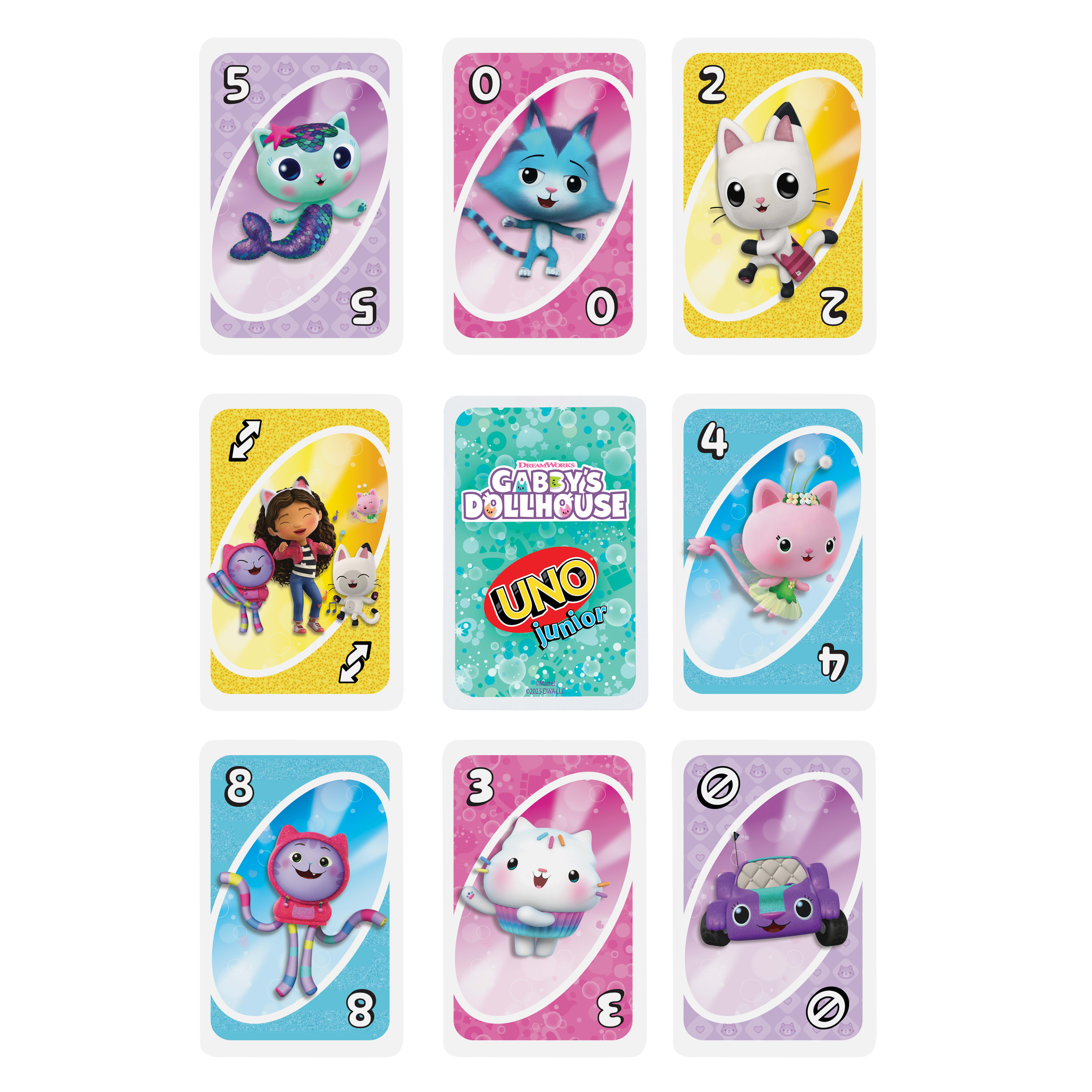 Negen Uno Junior-kaarten met Gabby's Dollhouse-personages. Kaarten tonen nummers en karakterillustraties.