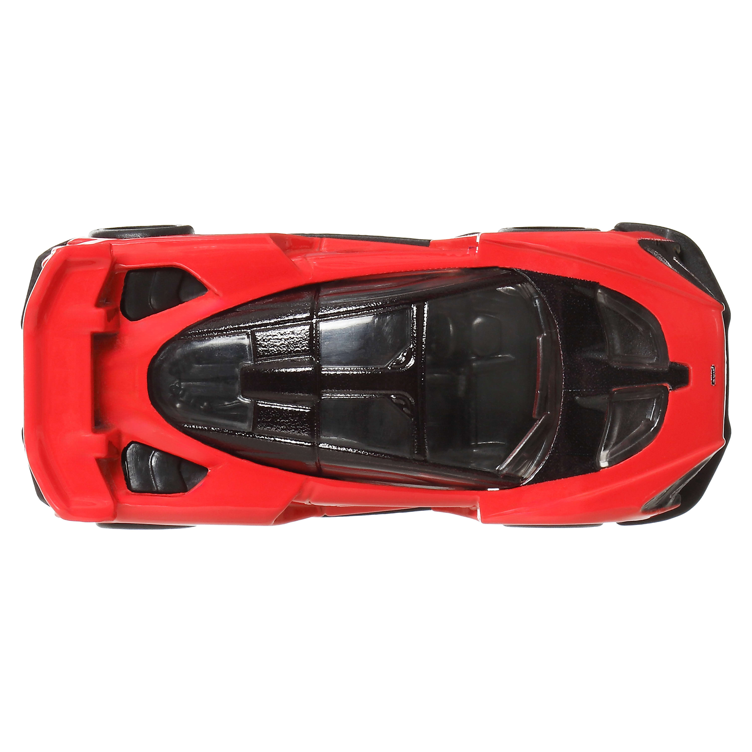 Draufsicht auf ein rotes Spielzeugauto mit schwarzen Fenstern und Details auf weißem Hintergrund.