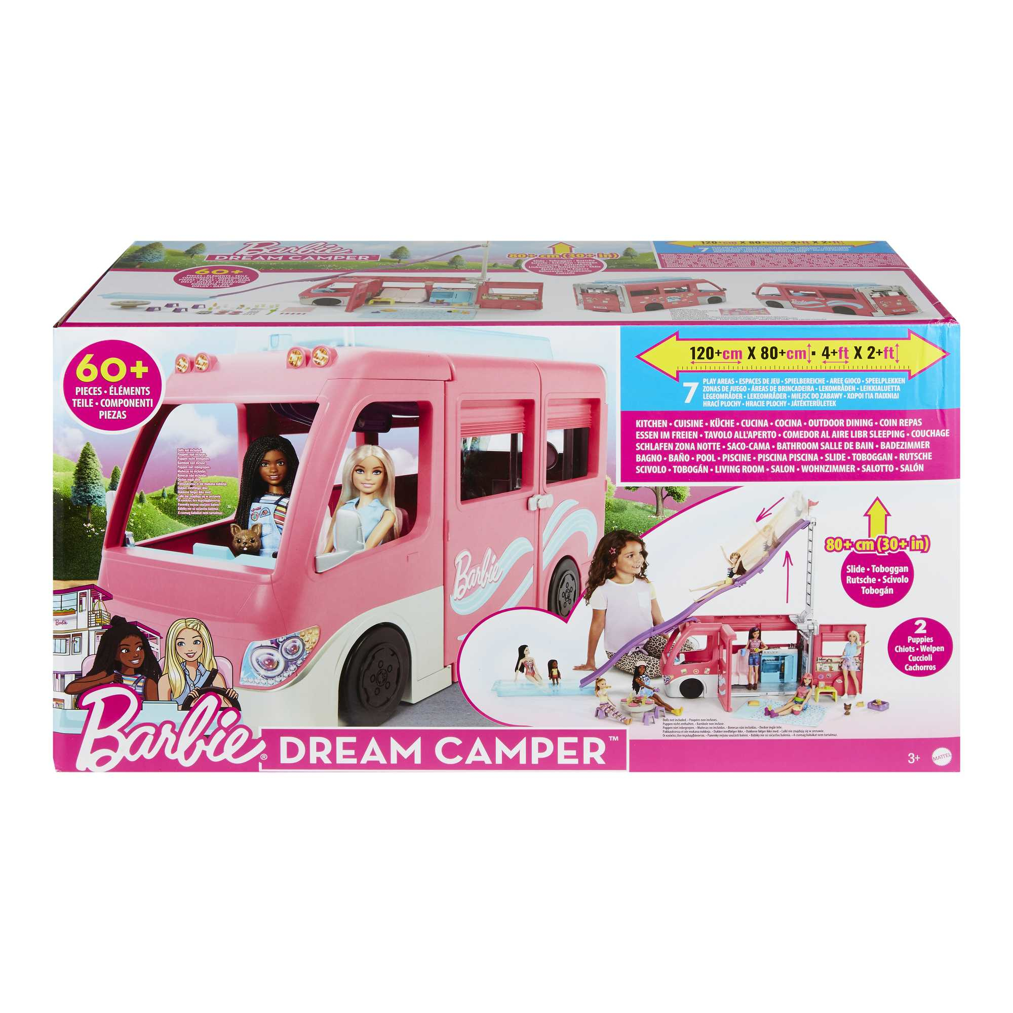 Set di giocattoli Barbie Dream Camper rosa con bambole e accessori su sfondo bianco.