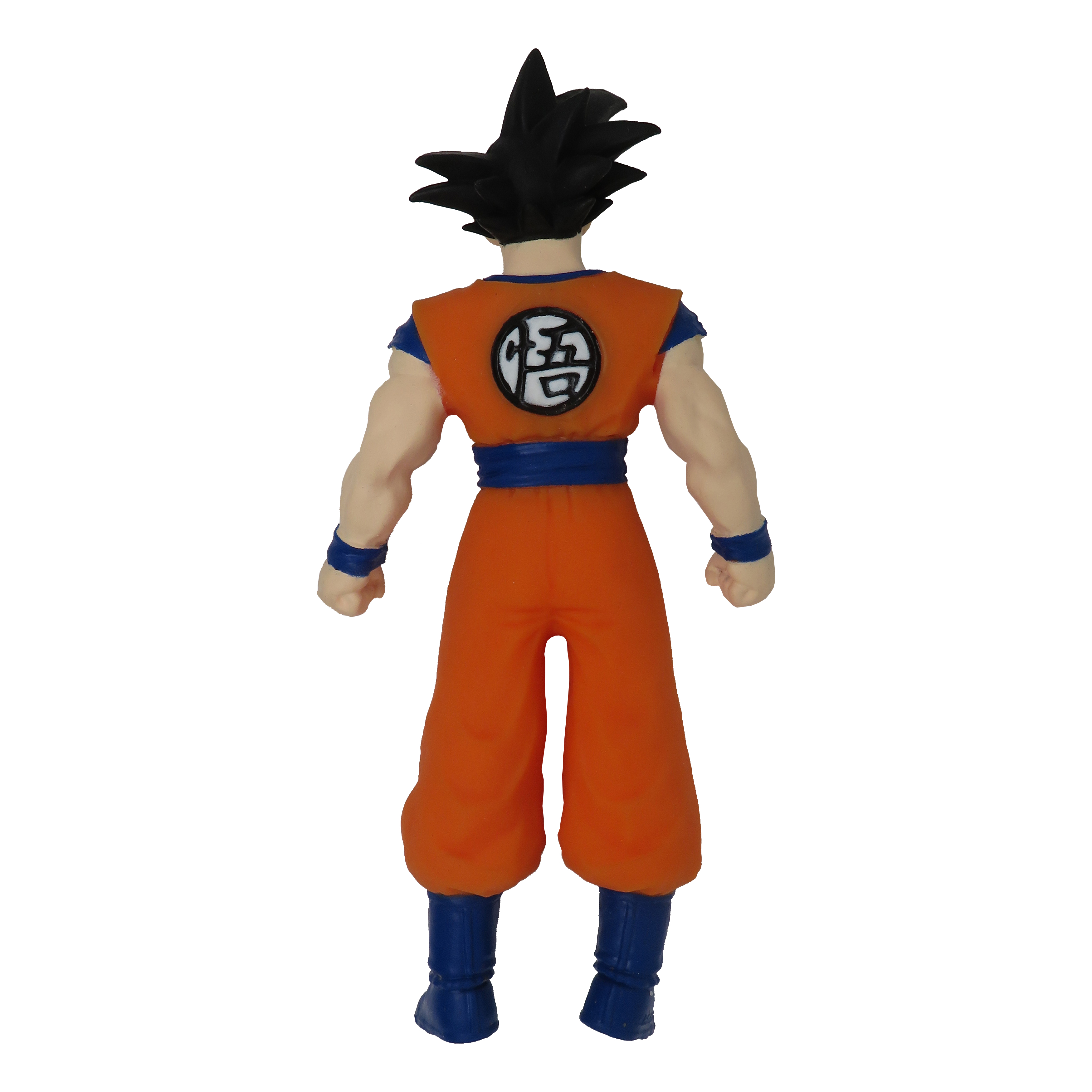 Figur einer Figur, von hinten betrachtet. Sie trägt orange und blaue Kleidung mit schwarzen, stacheligen Haaren, auf Weiß.