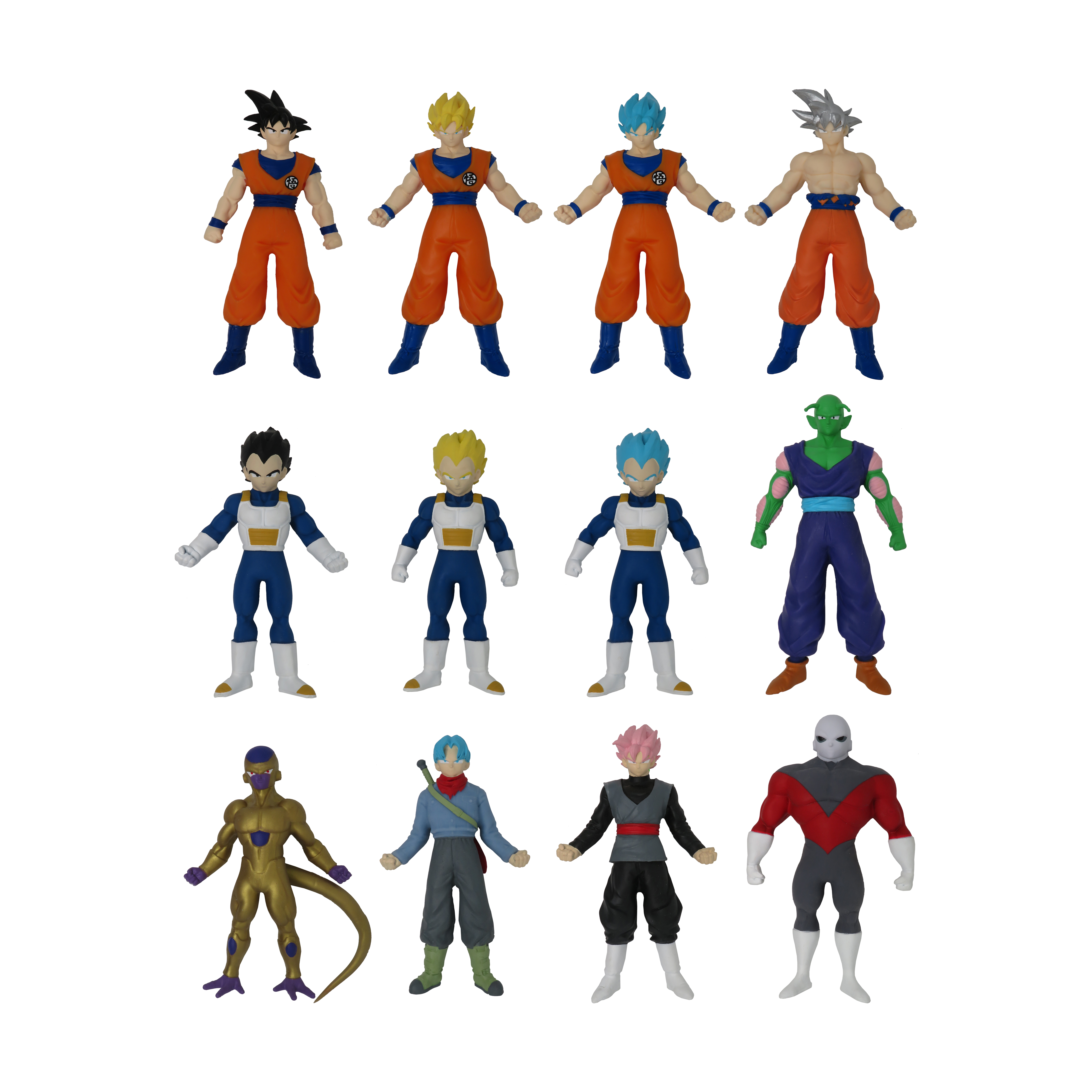 Zwölf Dragon Ball Z-Actionfiguren werden gezeigt. Zu den Charakteren gehören Goku, Vegeta und andere, jeder mit einzigartigen Outfits.