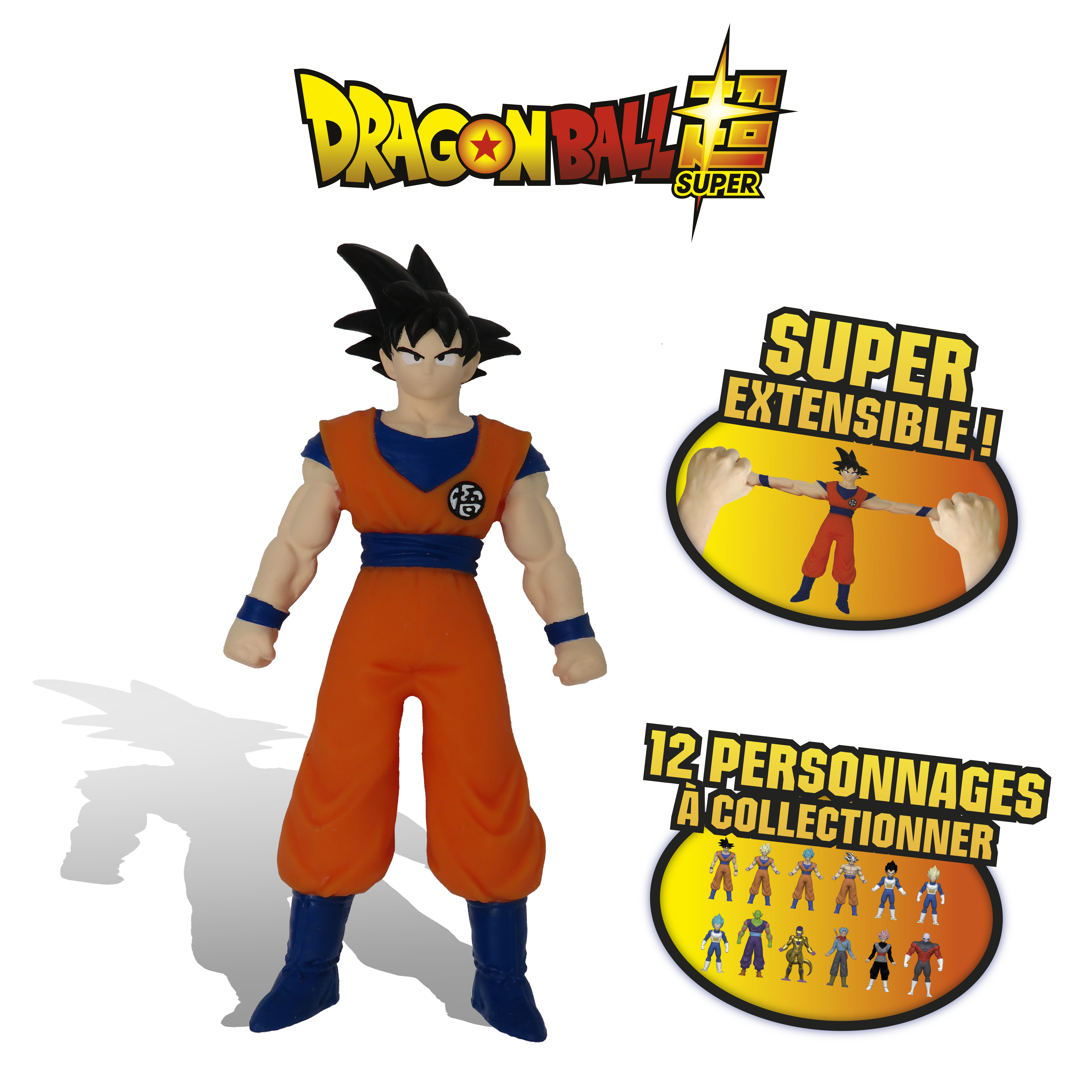 Eine Goku-Figur in orange-blauer Kleidung steht vor einem weißen Hintergrund. Logos und zusätzliche Figuren sind ebenfalls sichtbar.