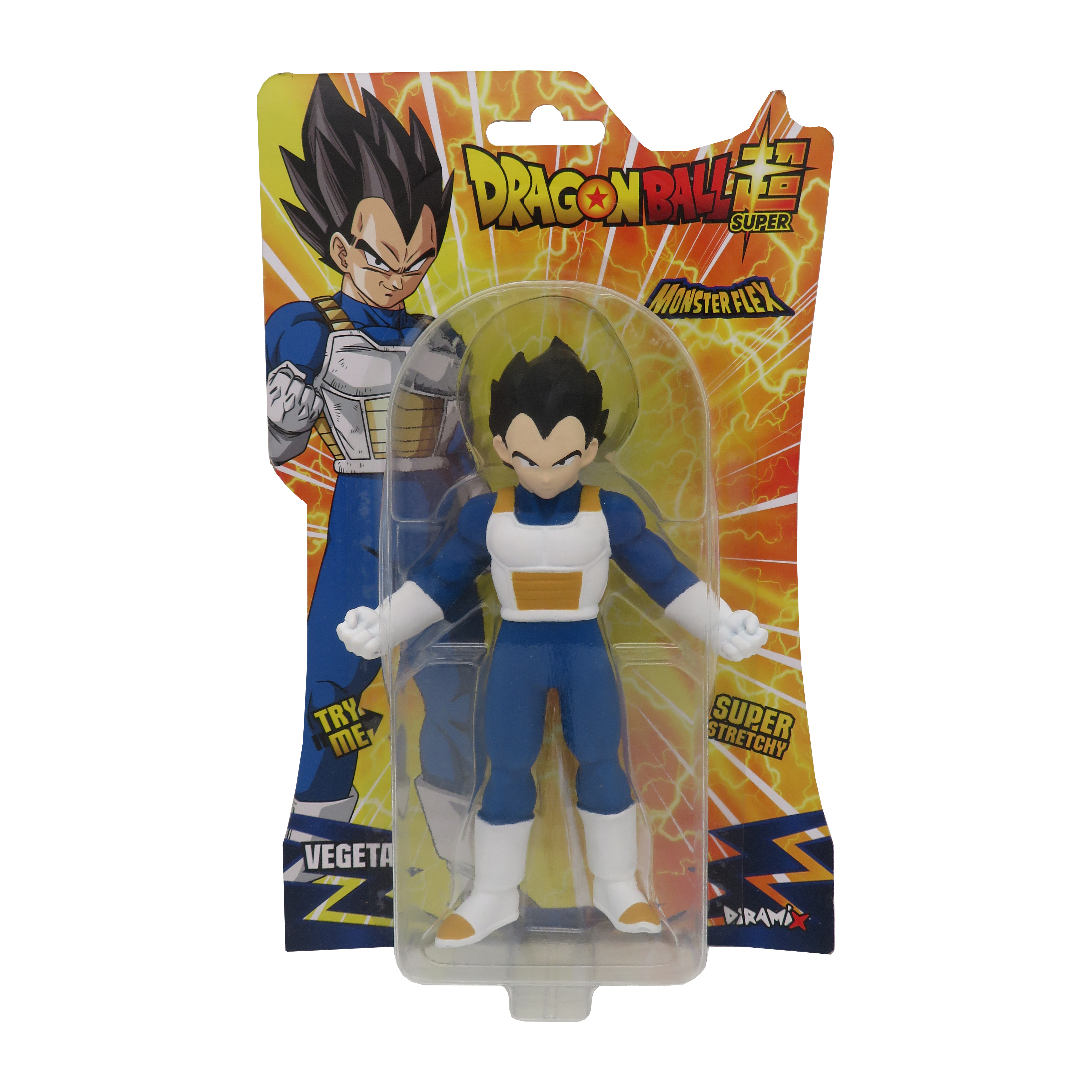 Eine Vegeta-Actionfigur in einer Plastikhülle. Sie hat blaue und weiße Farben mit gelbem Hintergrund.