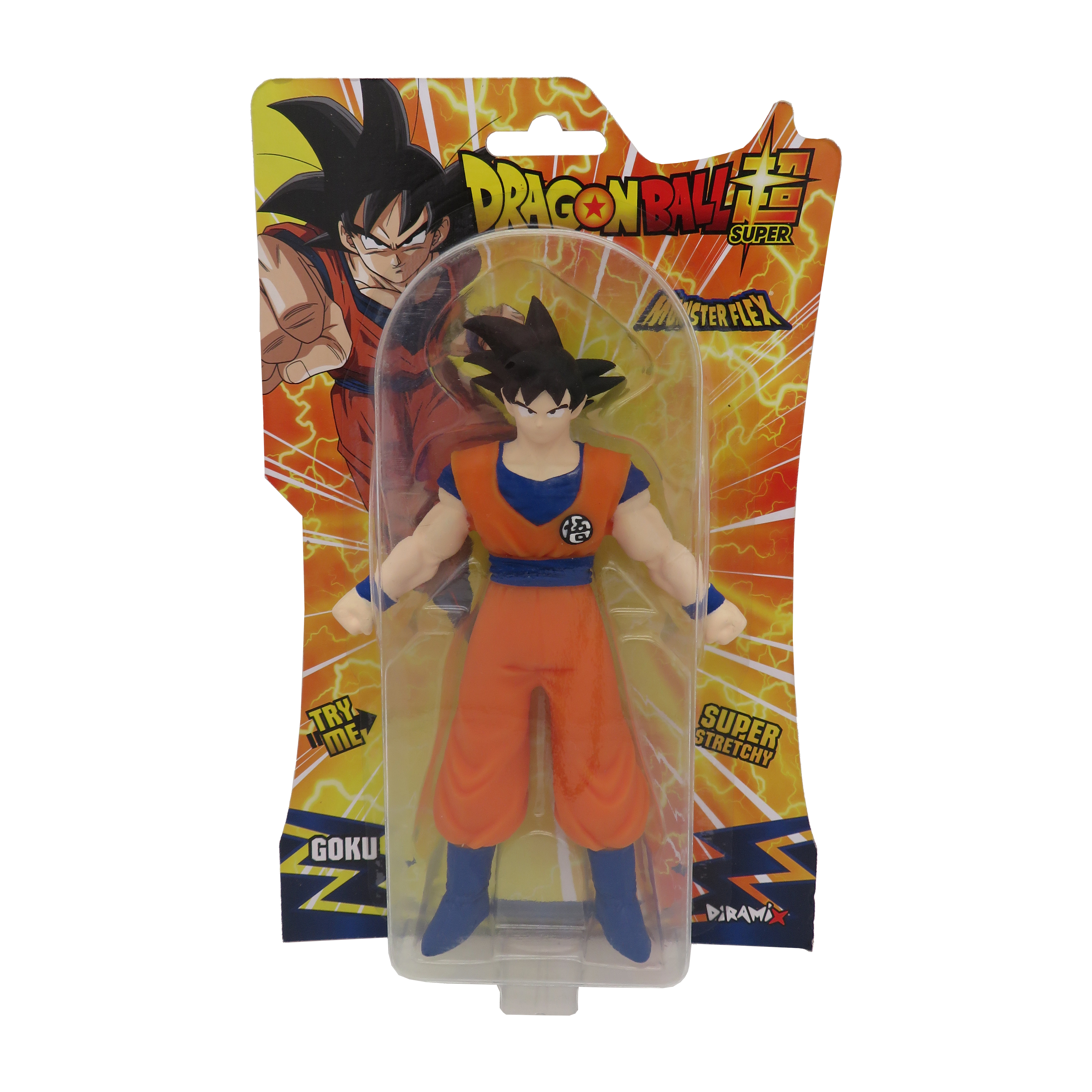 Dragon Ball Z Goku-Figur in Verpackung. Oranger Anzug, schwarzes Haar. Verpackung mit Dragon Ball Z Logo und Text.