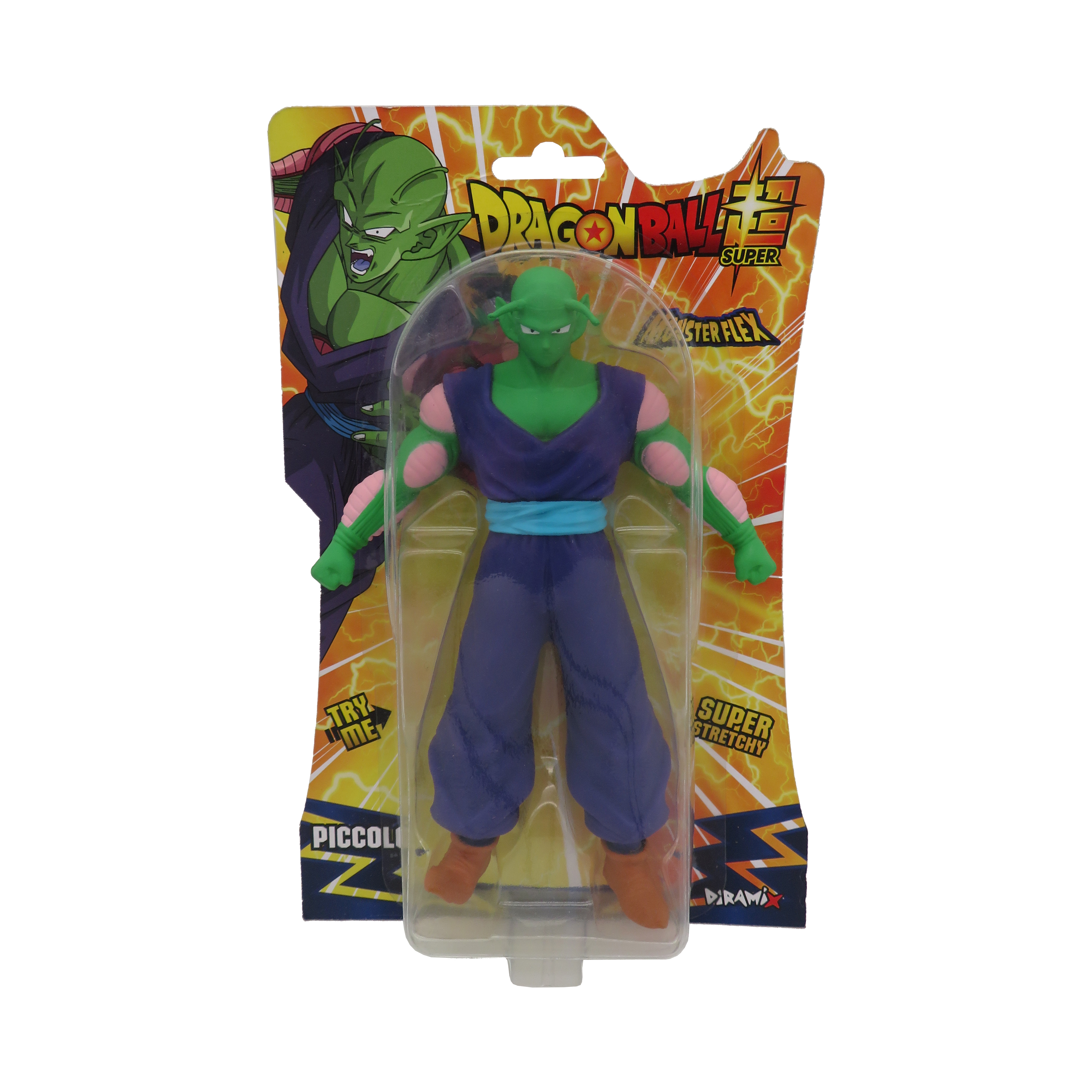 Piccolo-Actionfigur in Plastikverpackung. Die Figur ist grün mit lila Kleidung und rosa Akzenten. Die Verpackung hat Dragon Ball Super-Branding.