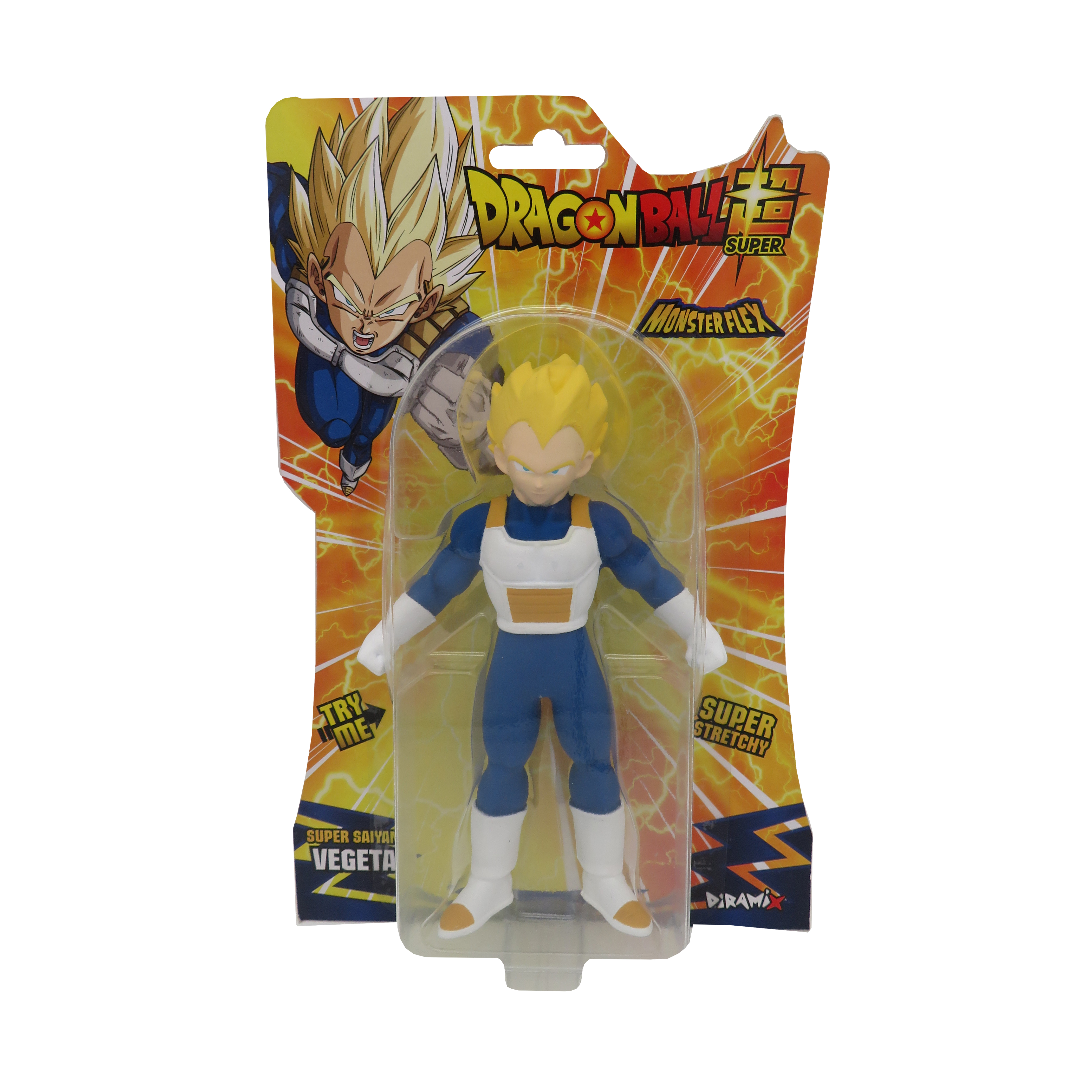 Vegeta-Actionfigur in Verpackung. Sie ist blau, weiß und gelb. Auf der Verpackung steht Dragon Ball Super und Monster Flex.