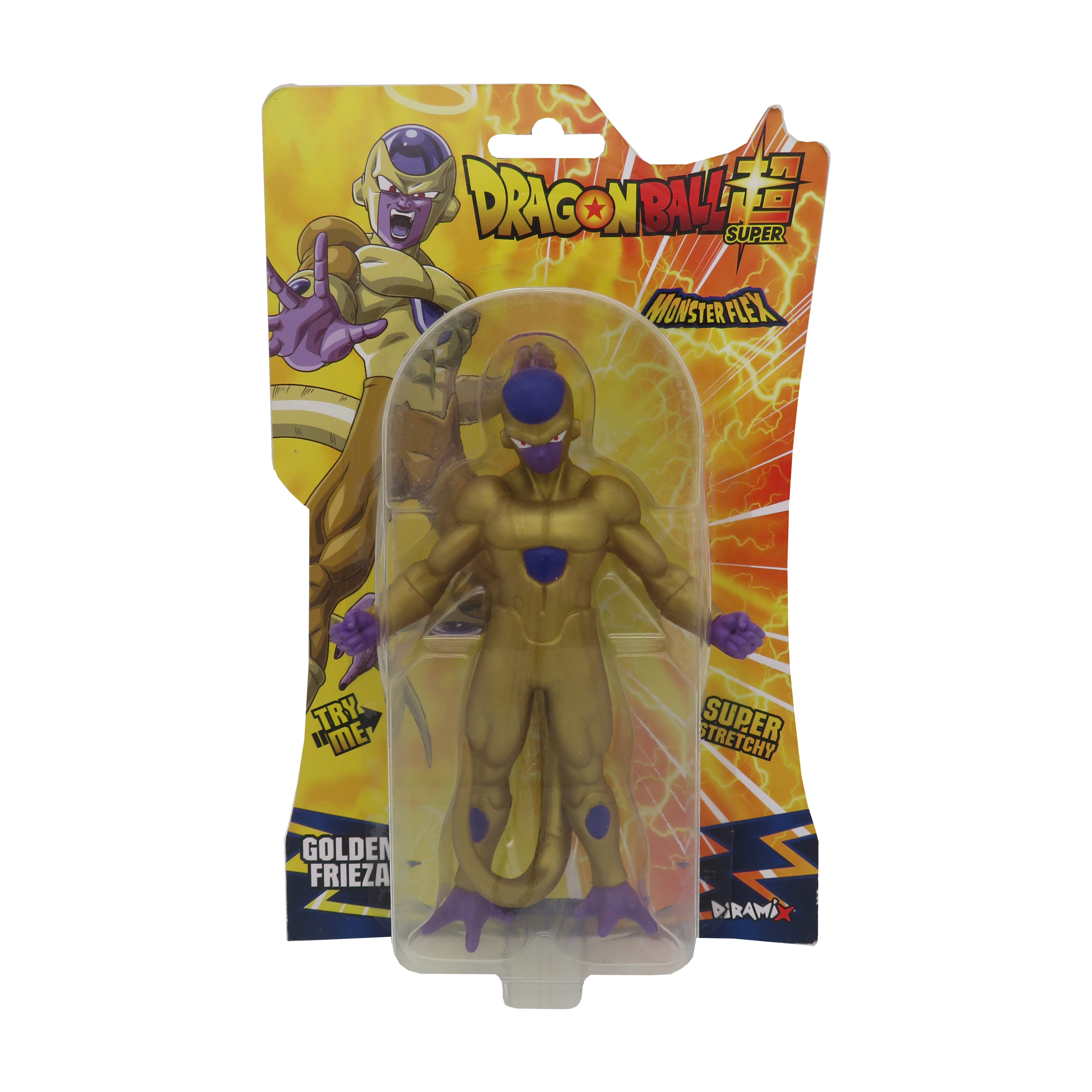 Goldene Frieza-Actionfigur in der Verpackung. Die Figur ist goldfarben mit lila Akzenten. Dragon Ball Super-Branding ist sichtbar.