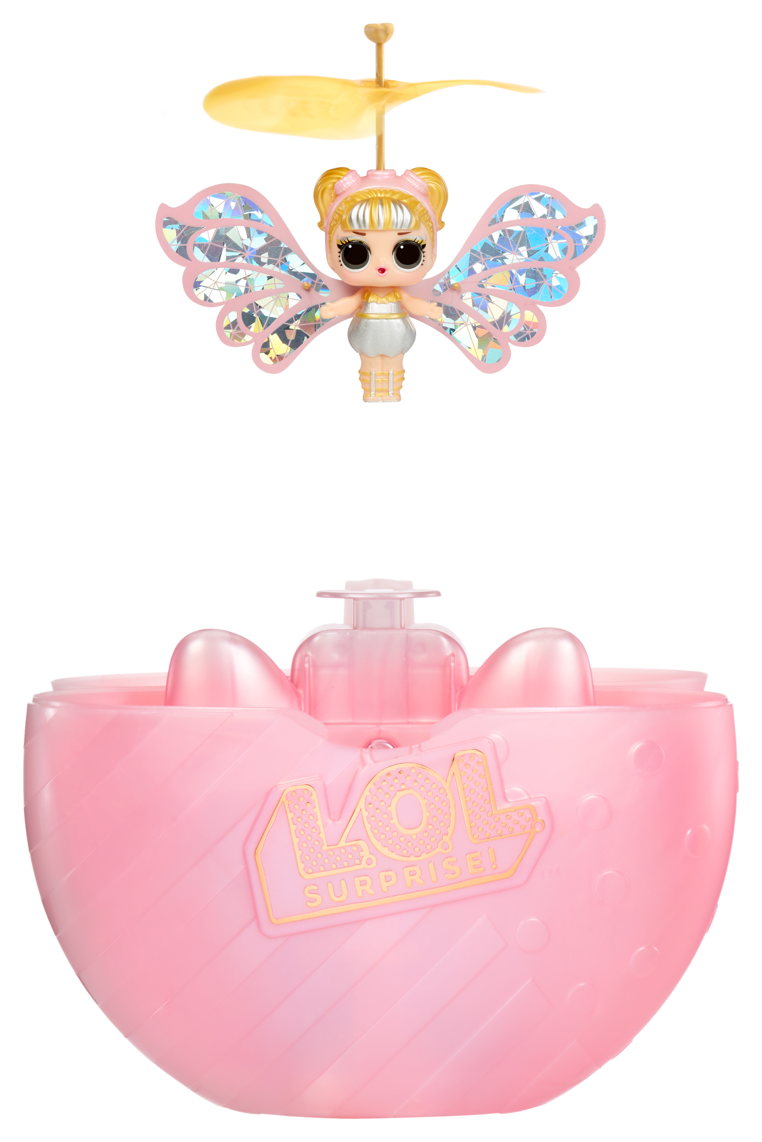 Różowa zabawka LOL Surprise z lalką wróżki i obracającym się żółtym śmigłem.
