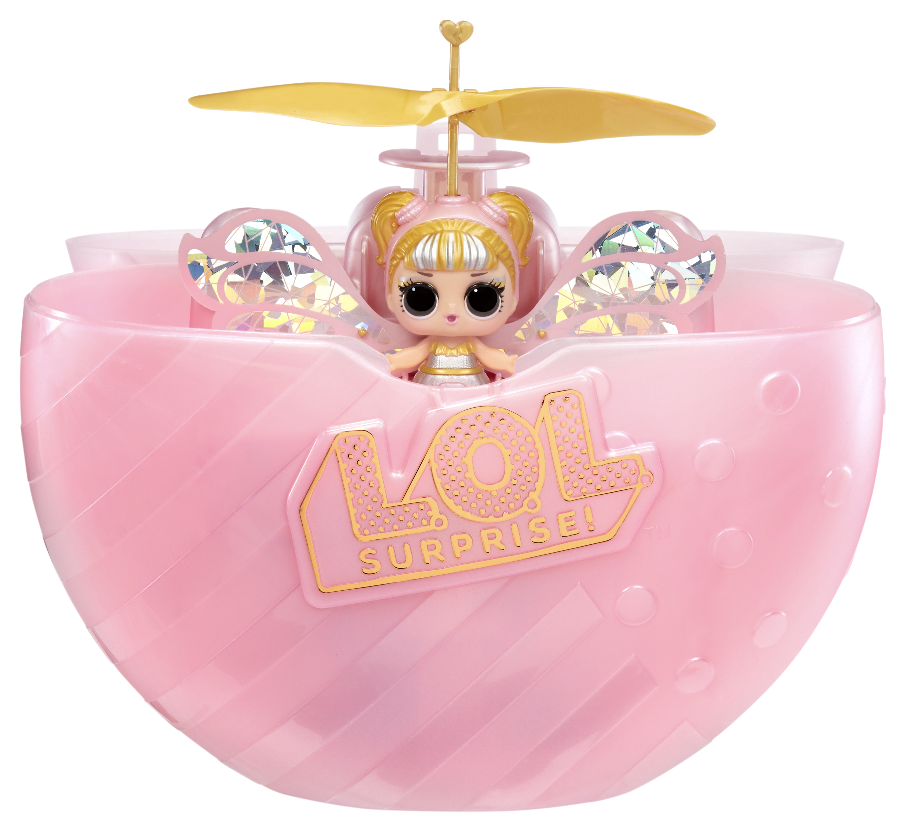 Różowa zabawka z lalką, śmigłami helikoptera i tekstem "LOL SURPRISE!".