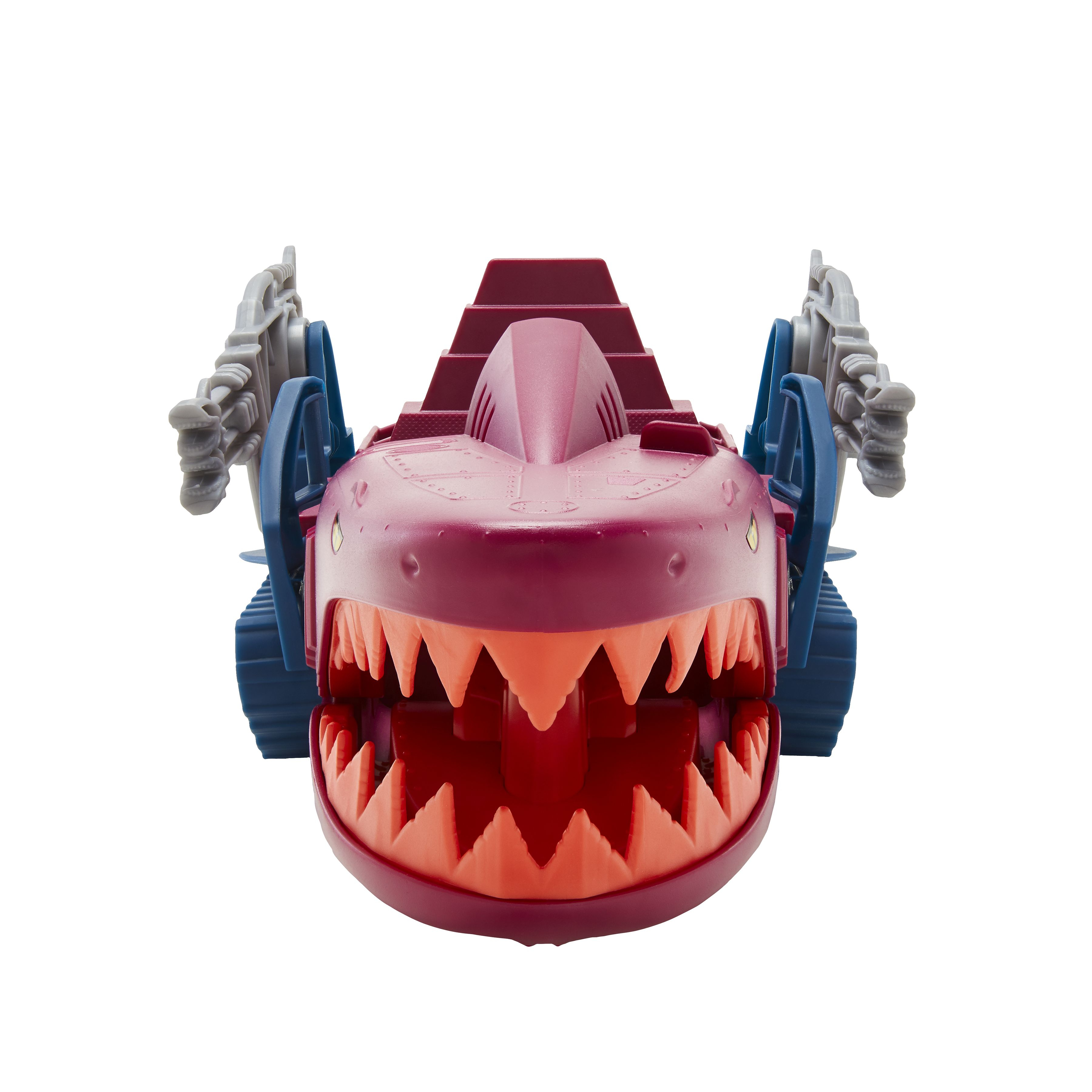 Un vehículo de juguete con forma de tiburón con fauces abiertas y dientes, en colores burdeos y azul.