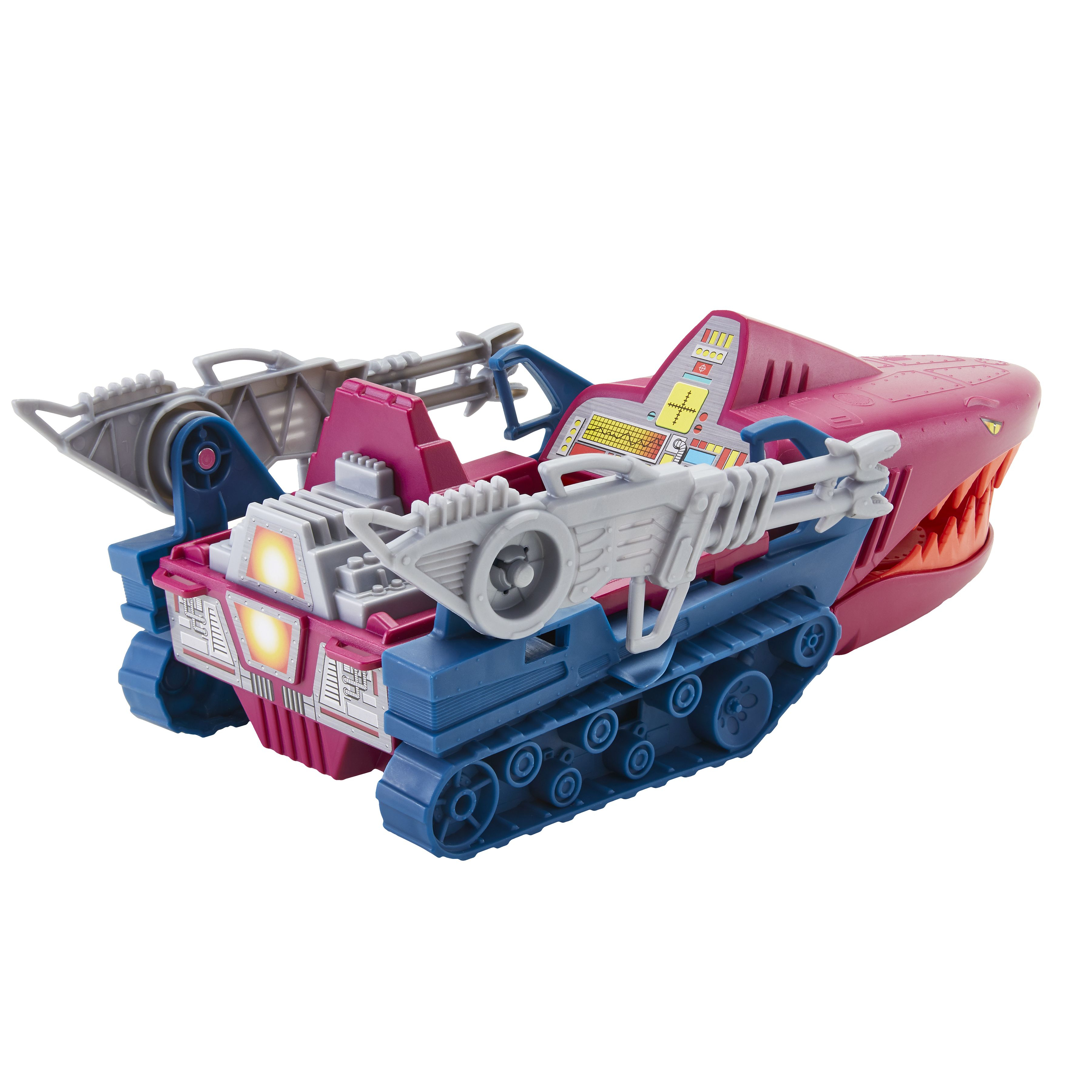 Tanque tiburón de juguete, rosa y azul, con armas grises. Cuenta con cabeza de tiburón, orugas y detalles de cabina.