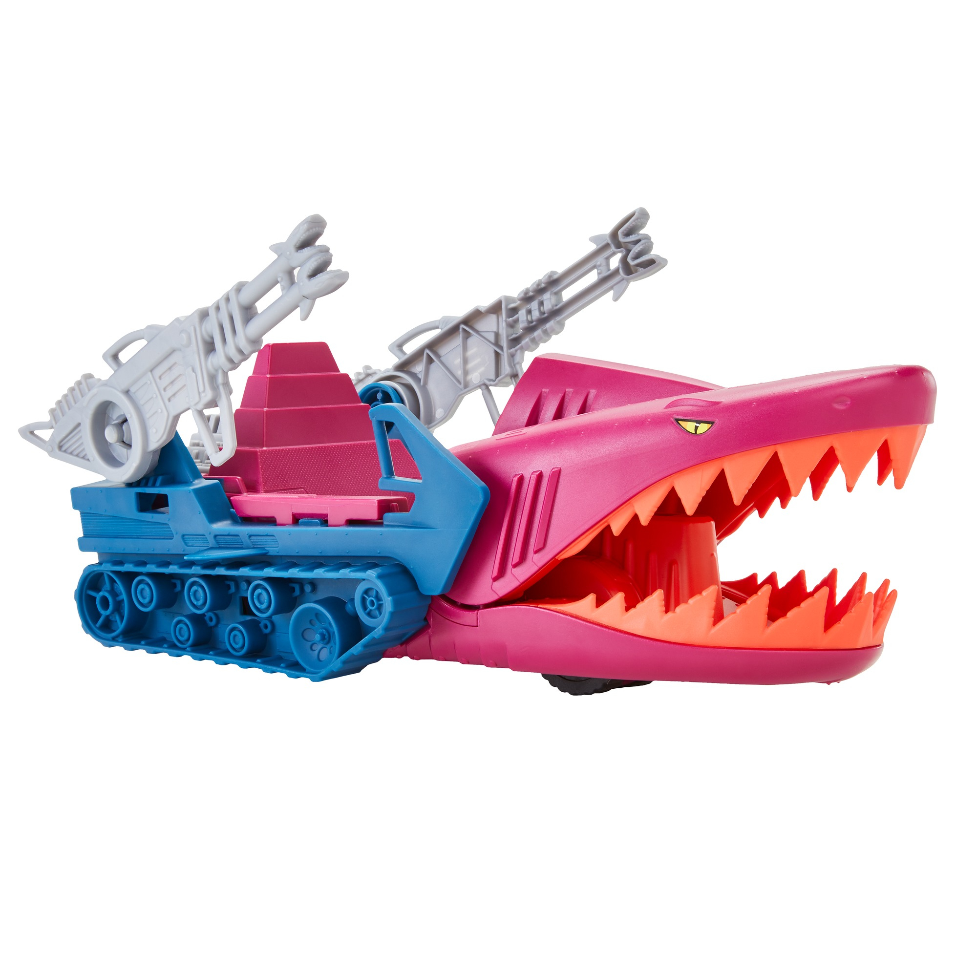 Un tanque de juguete rosa con forma de tiburón, orugas azules, armas grises y una boca naranja abierta llena de dientes.