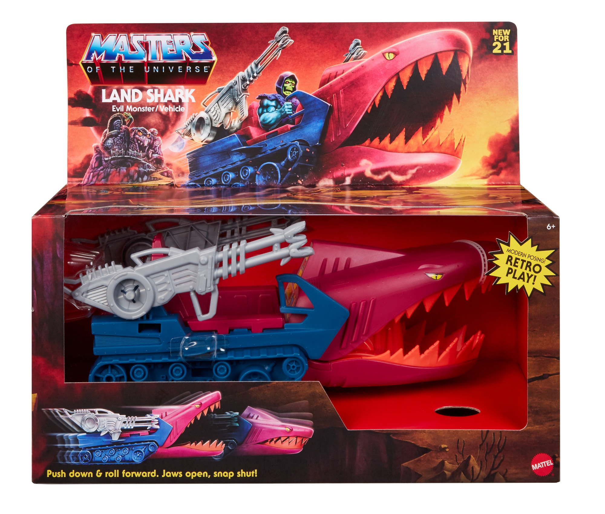 Caja de juguetes Land Shark de Masters of the Universe. Presenta un vehículo con forma de tiburón en rosa y azul, con Skeletor.