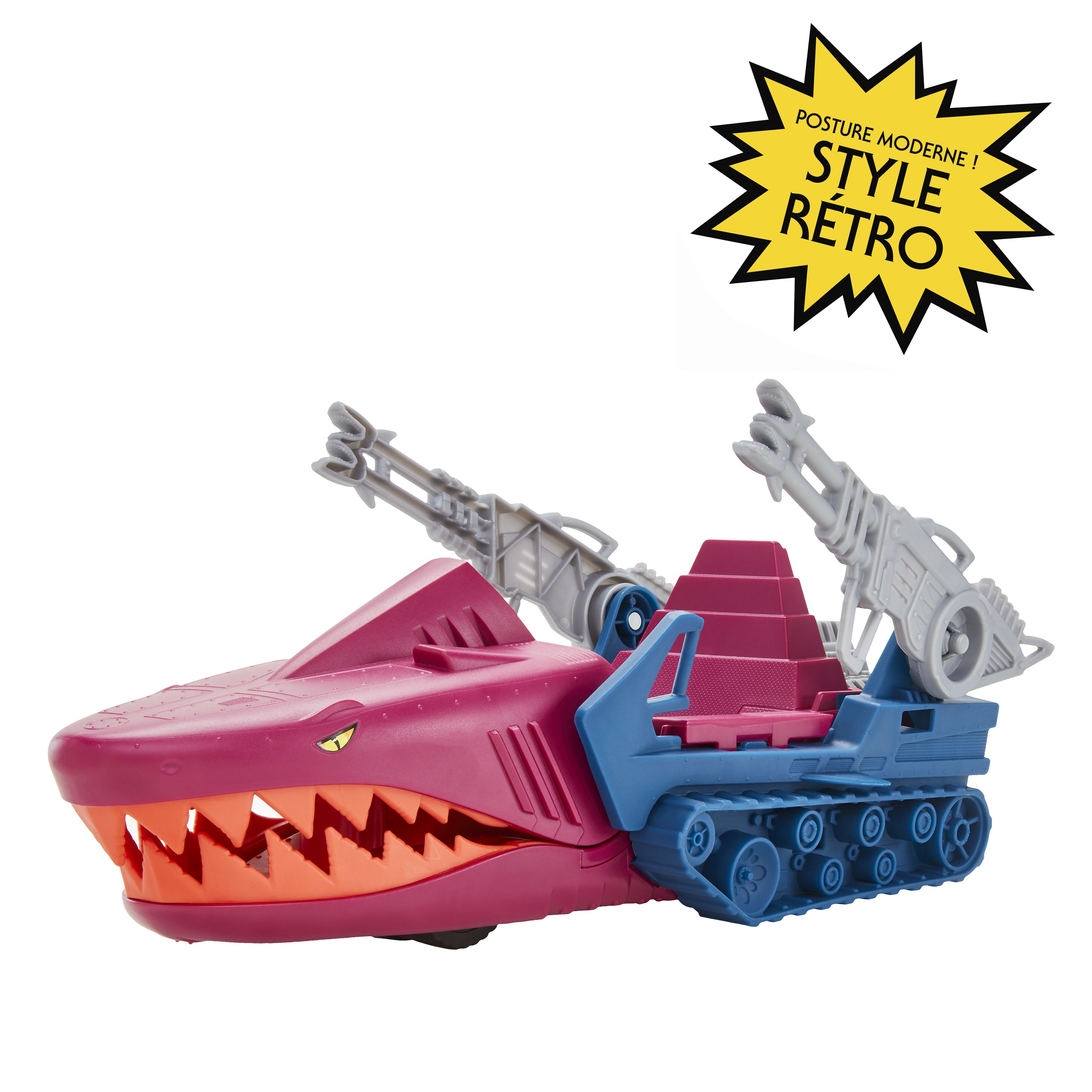 Un vehículo de juguete con forma de tiburón. Tiene un cuerpo rosa, dientes naranjas, armas grises y orugas azules. Un letrero amarillo de estilo retro en la esquina superior derecha.