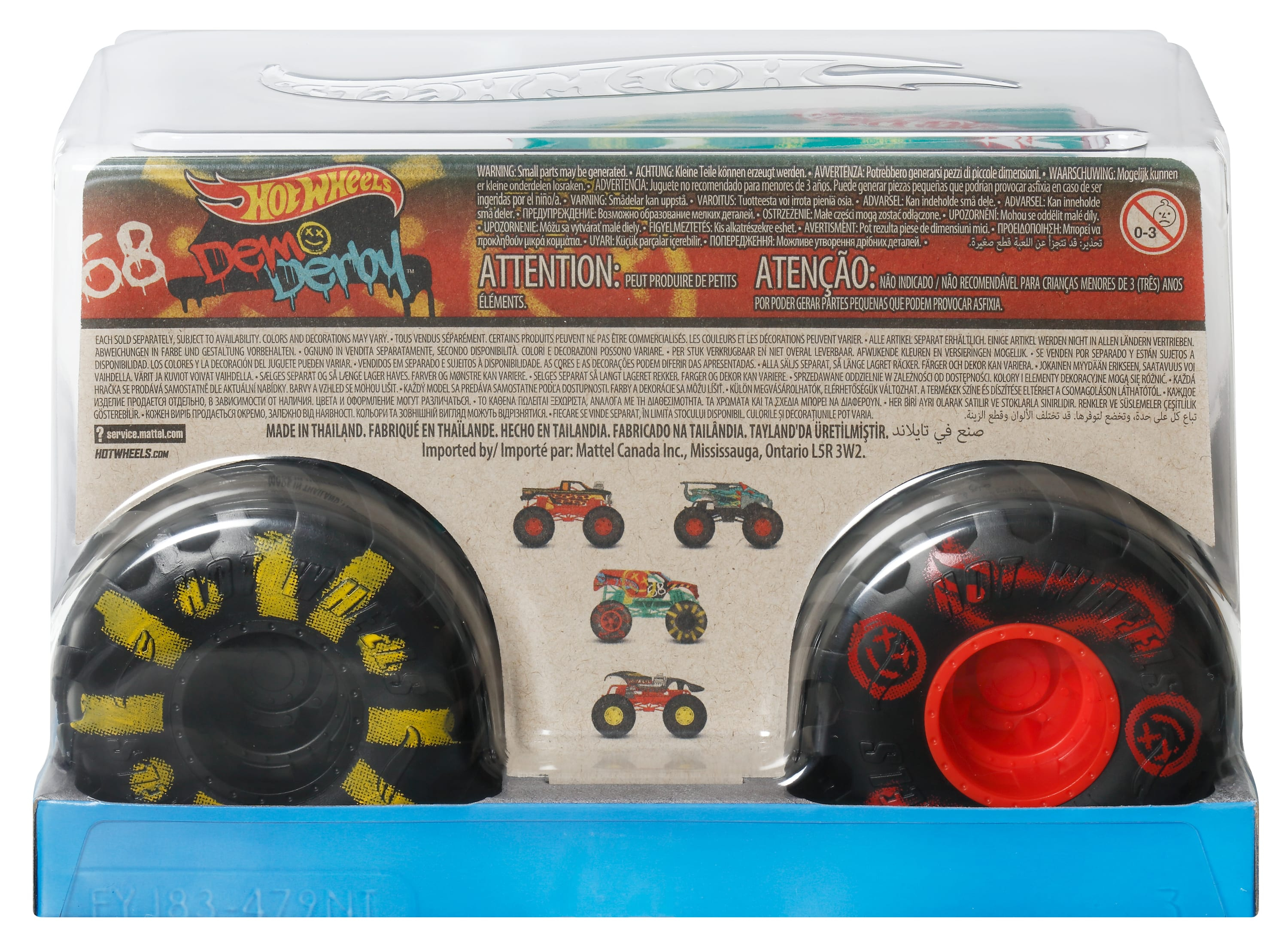 Verpackung mit Hot Wheels Monstertrucks. Schwarze Reifen mit gelben Akzenten. Rote Details sichtbar.