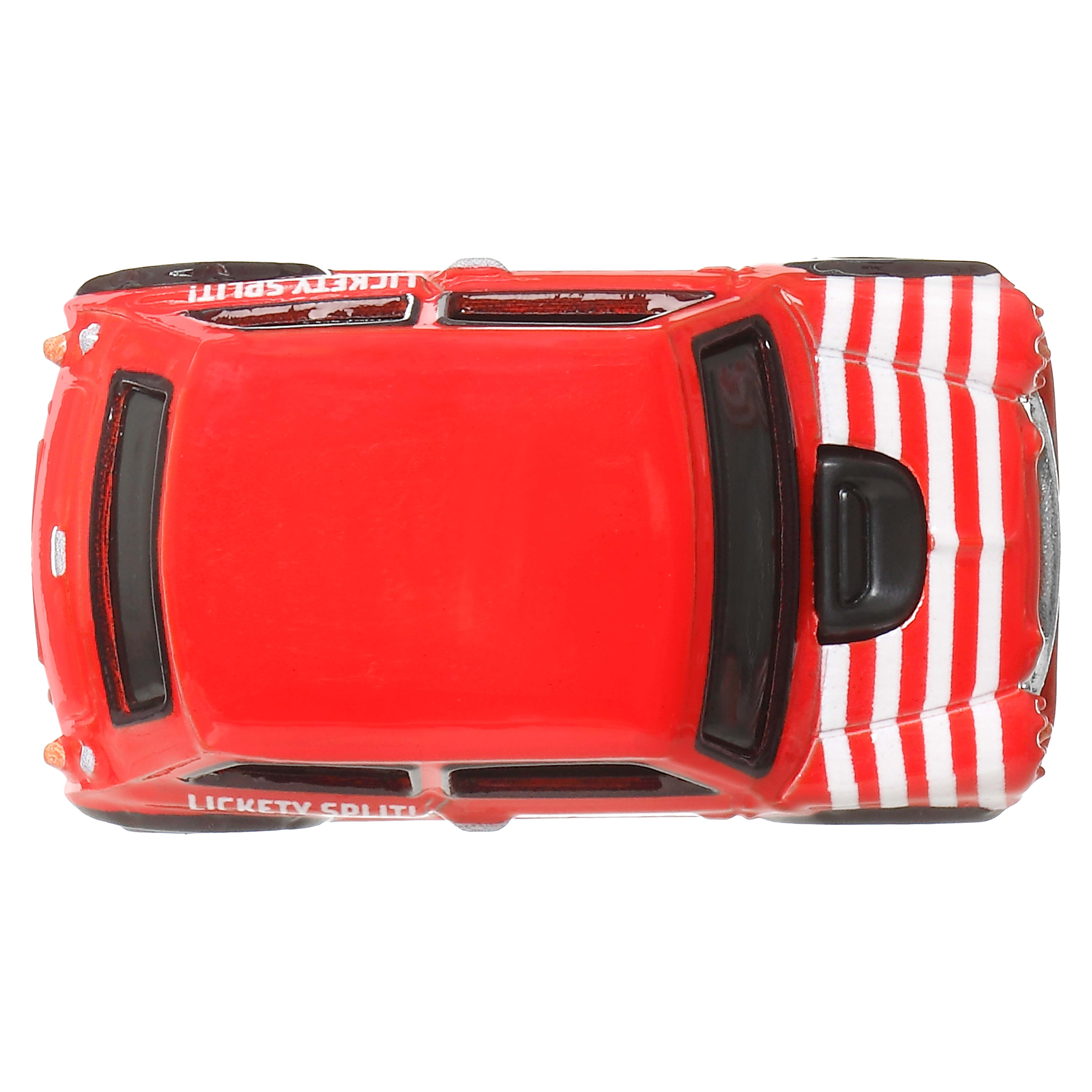 Ein rotes Spielzeugauto von oben gesehen, mit weiß-roten Streifen auf der Rückseite und dem Schriftzug 'LICKETY SPLIT!'.