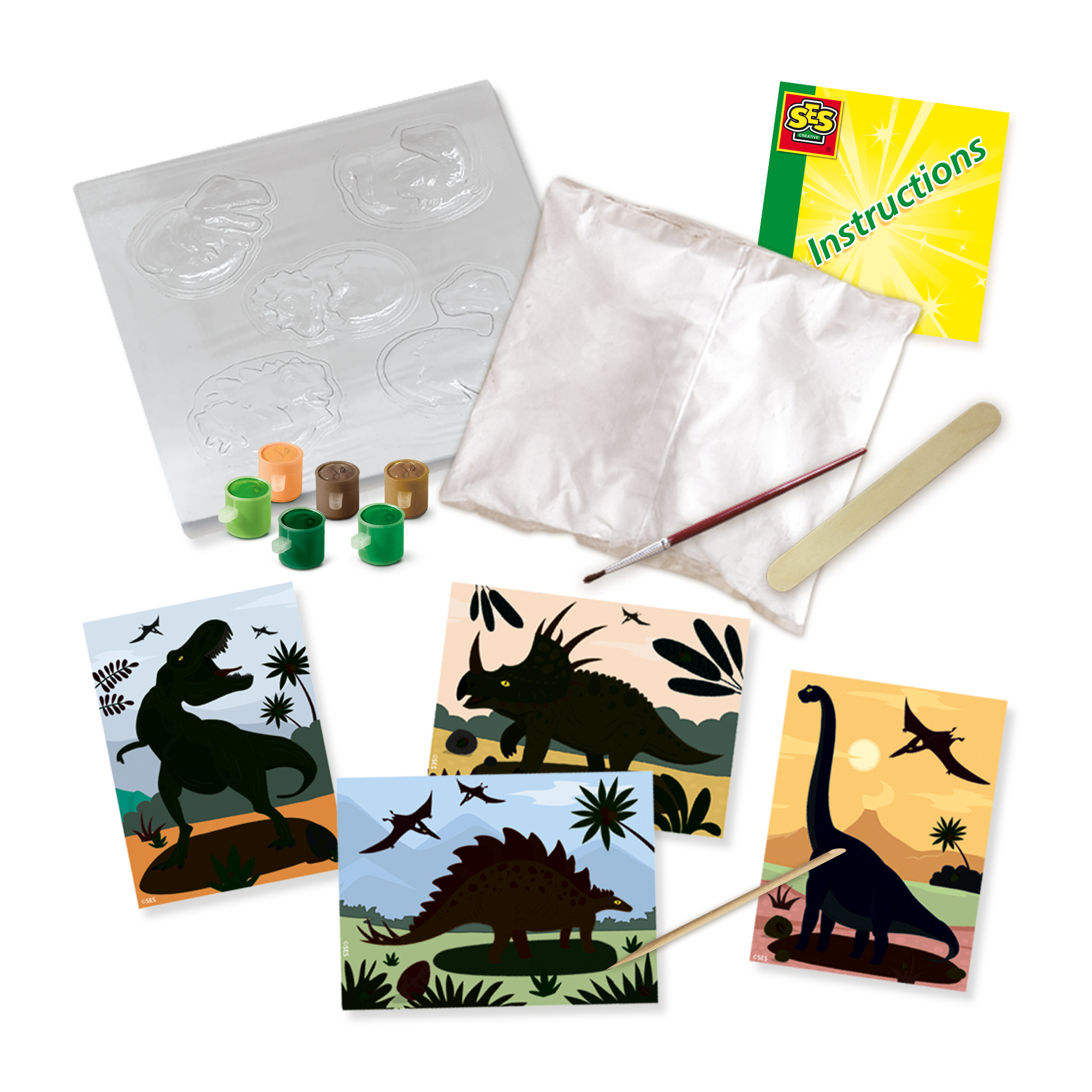 Zestaw rzemieślniczy z dinozaurami z formami, farbami, instrukcjami i zdjęciami dinozaurów.
