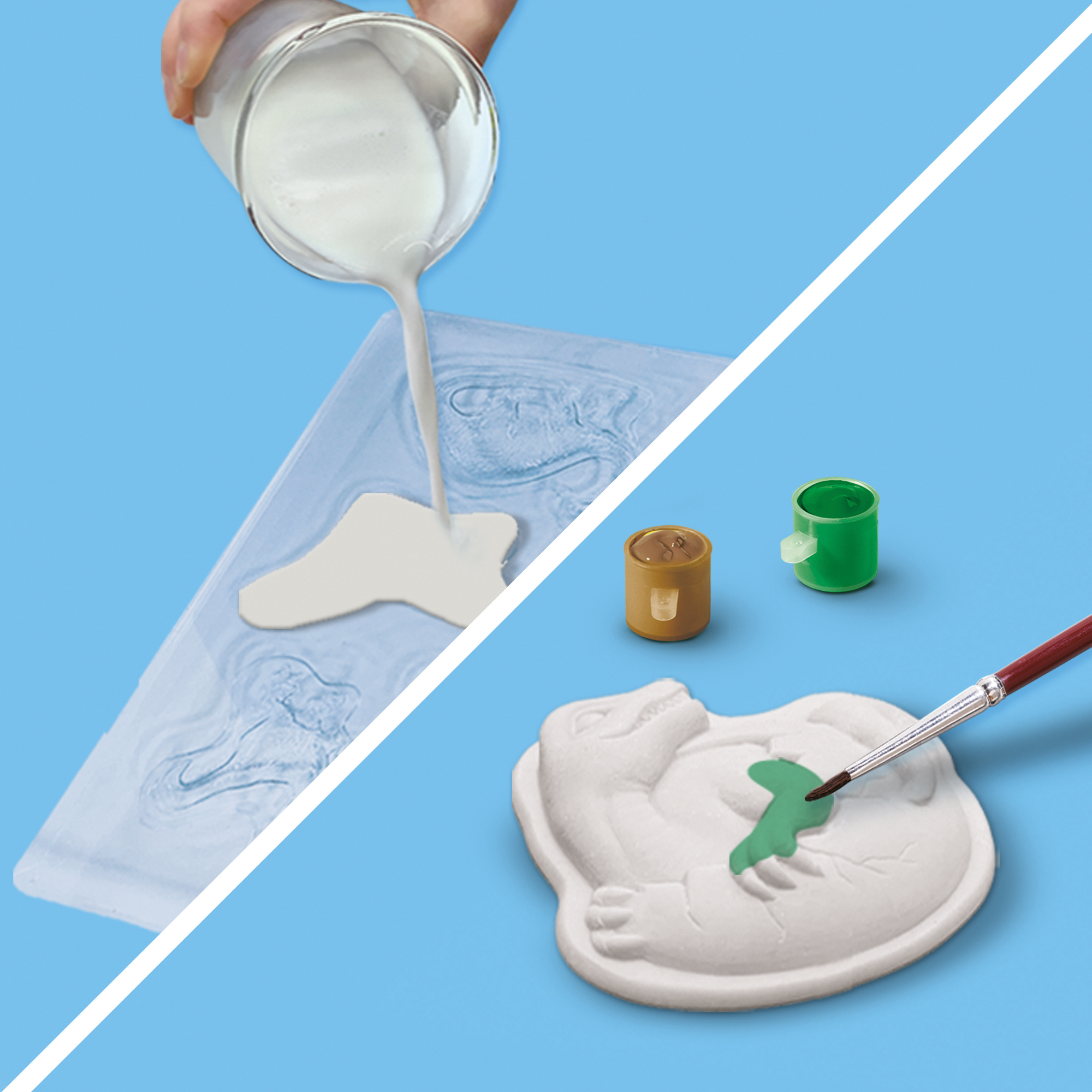 Ręka wlewa białą ciecz do formy. Pomalowany model dinozaura i słoiczki z farbą na niebieskim tle.