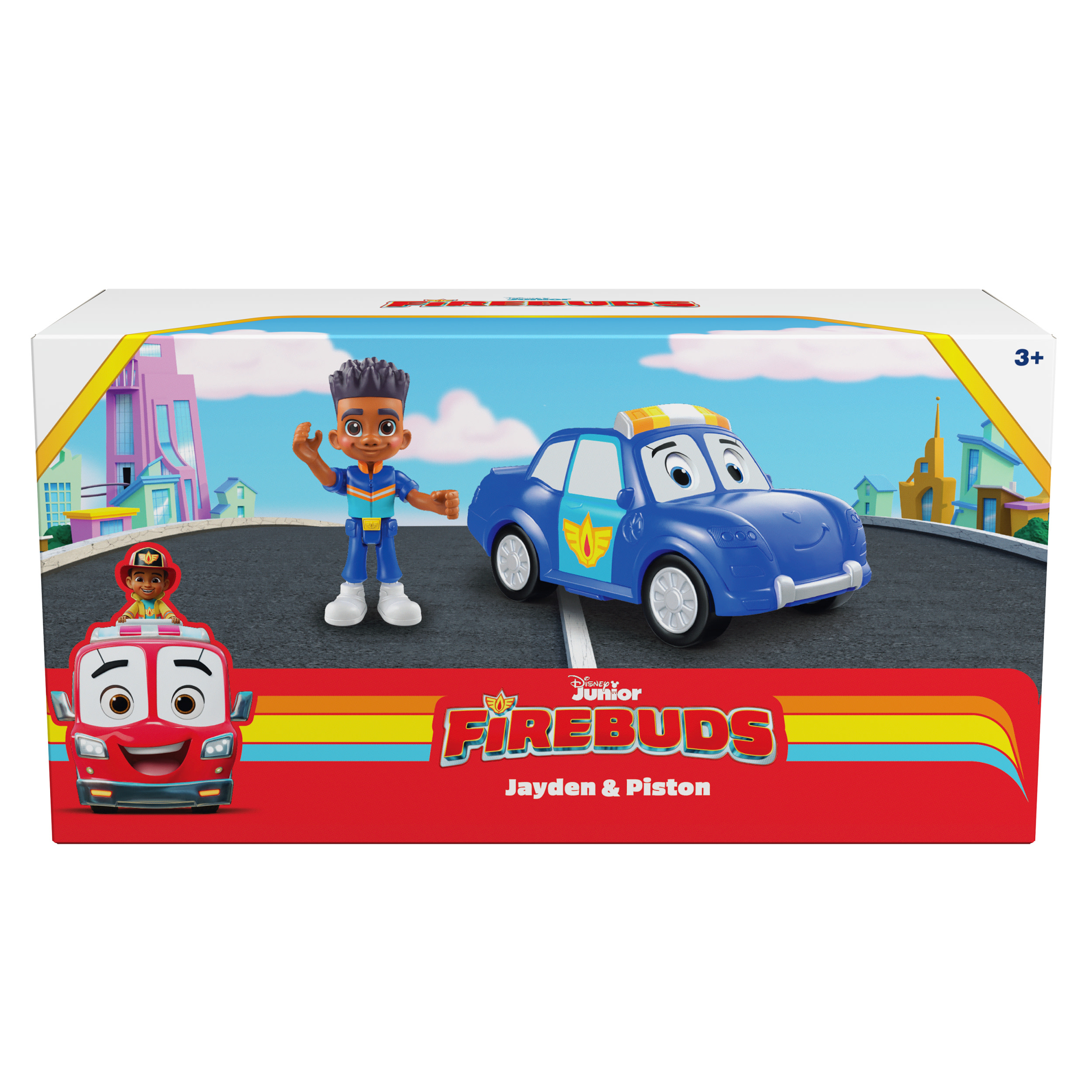 Zestaw zabawek Firebuds w pudełku. Zawiera figurki Jaydena i czerwoną straż pożarną oraz niebieski radiowóz.