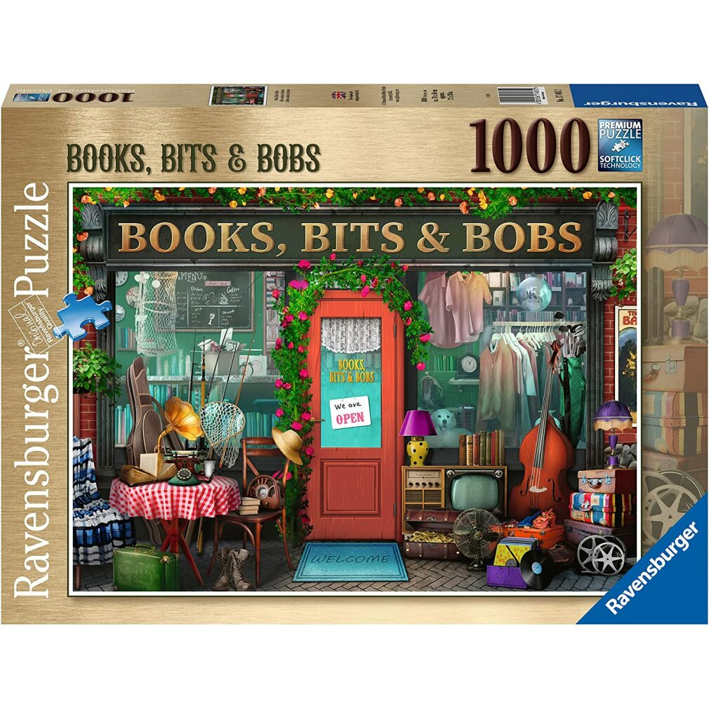 Obrazek z puzzli przedstawiający sklep o nazwie 'Books, Bits & Bobs'. Fasada sklepu jest wypełniona różnymi przedmiotami, w tym książkami, ubraniami i instrumentami muzycznymi.