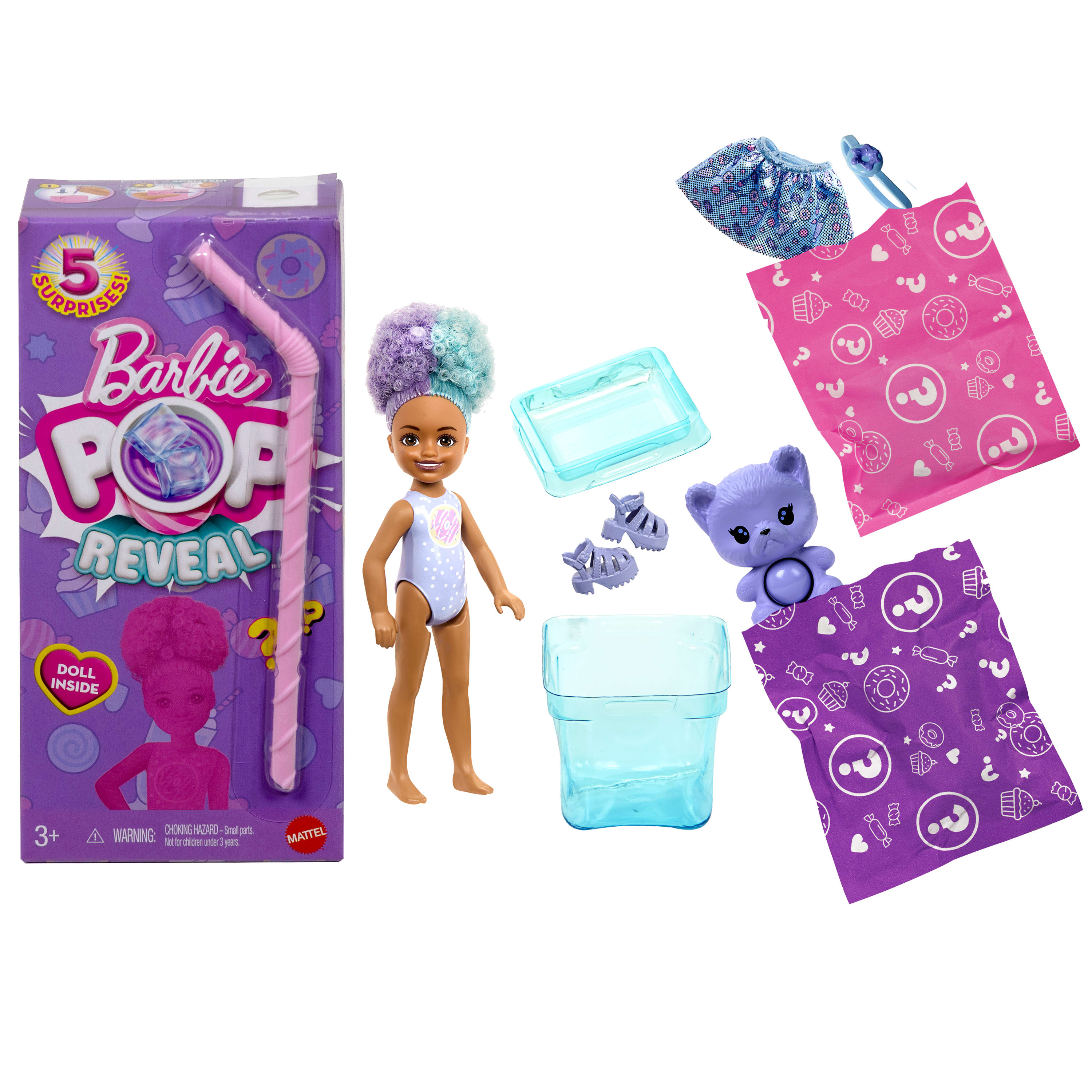 Barbie Pop Reveal Puppen-Set mit Zubehör. Enthält eine Puppe, Beutel, Bär, Schuhe und eine Box mit Strohhalm.