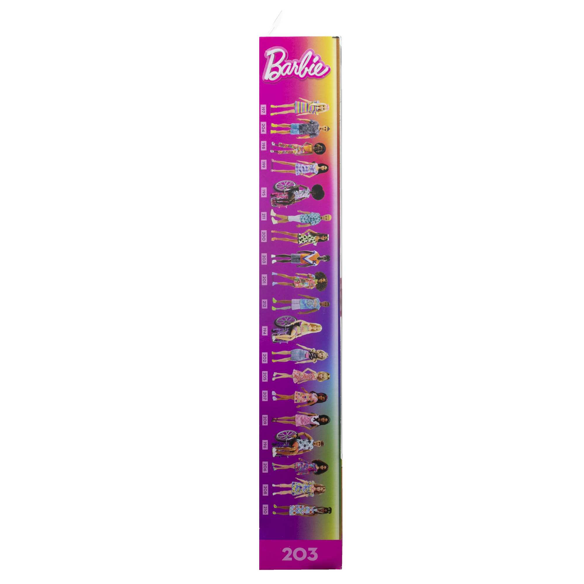 Barbie-Box mit verschiedenen Puppen. Enthält verschiedene Stile, Hauttöne und einige im Rollstuhl.