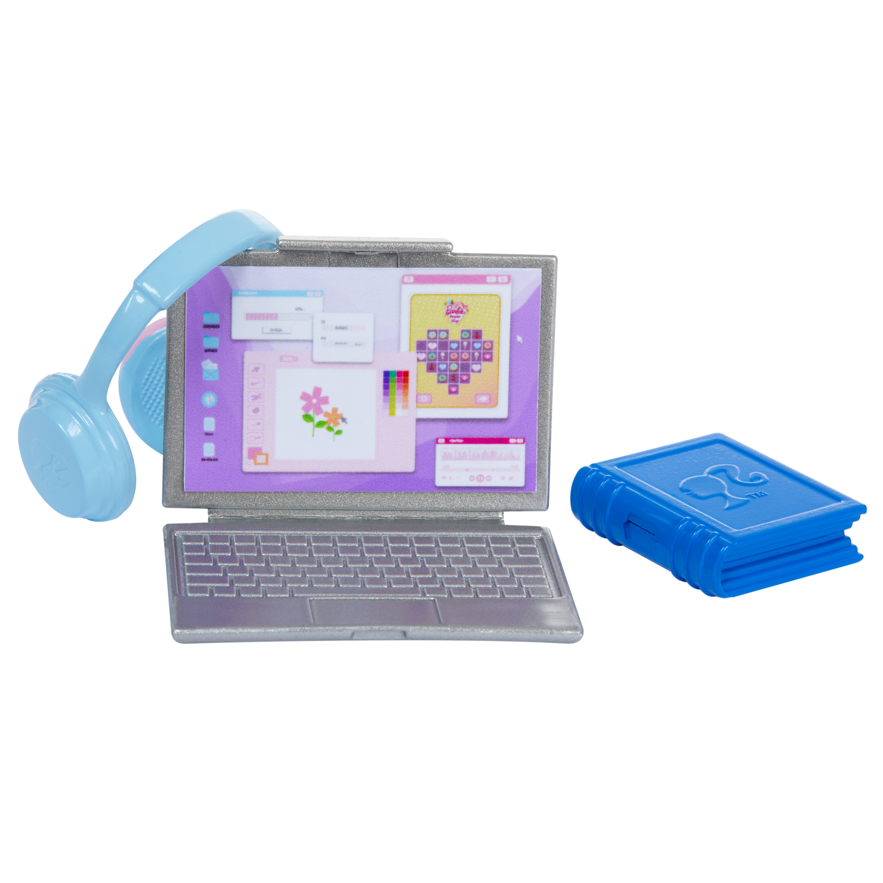 Zabawkowy laptop ze słuchawkami i niebieską książką. Ekran laptopa wyświetla grafikę. Wszystko na białym tle.