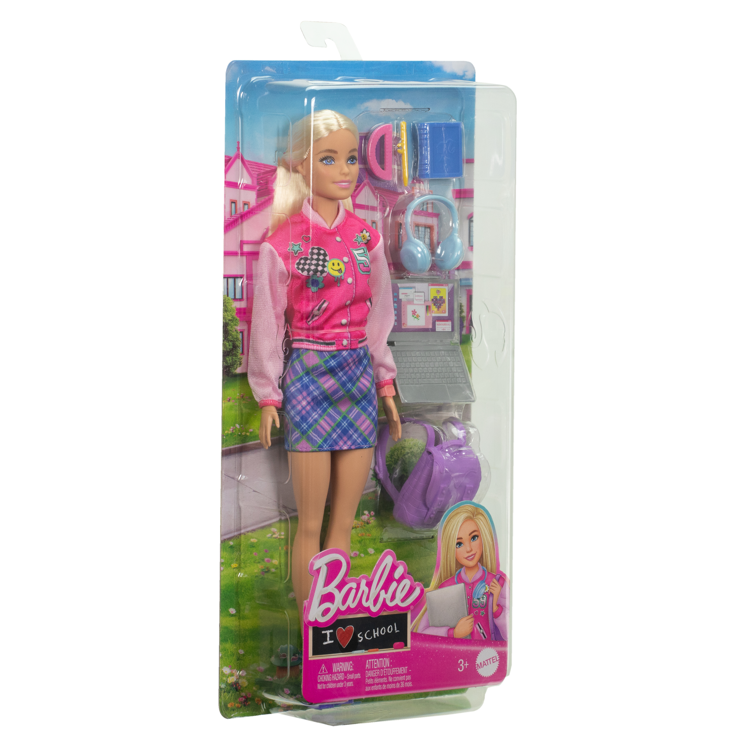 Lalka Barbie w różowej kurtce i kraciastej spódnicy, zapakowana z przyborami szkolnymi i akcesoriami.