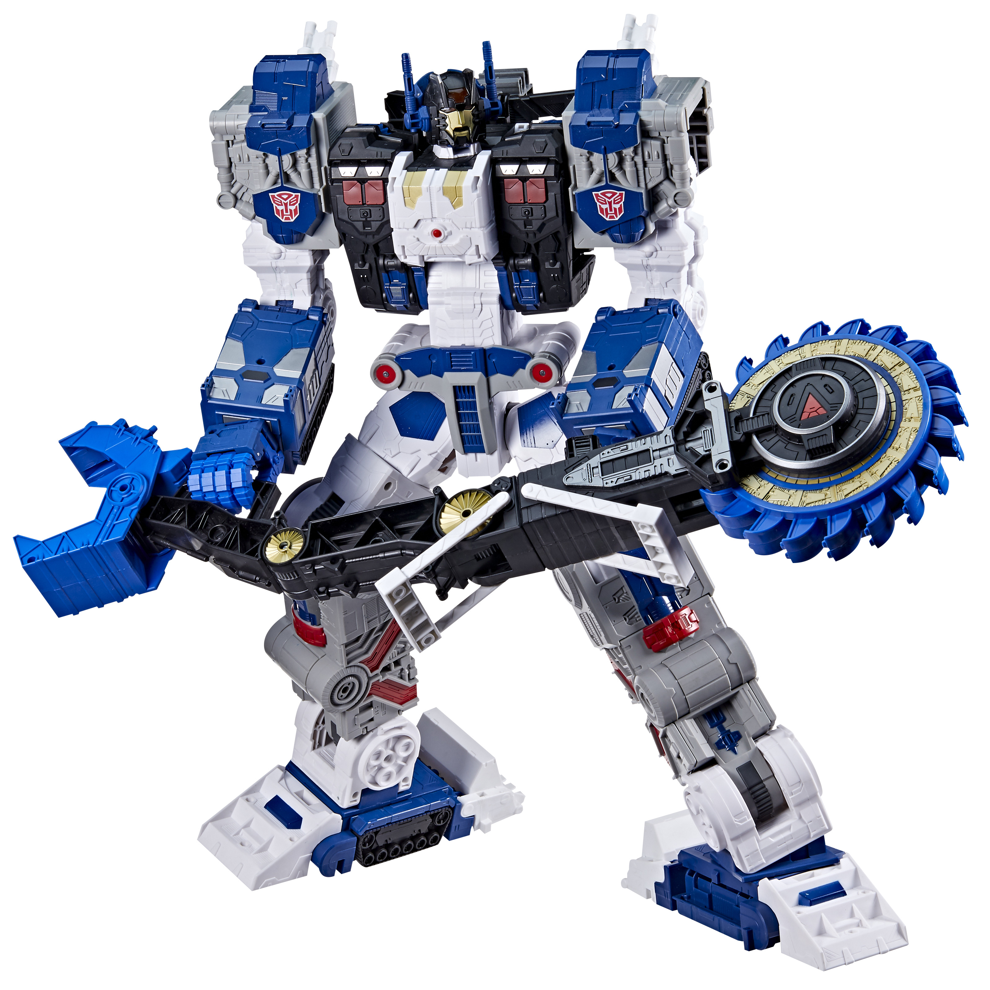 Un grande robot giocattolo Transformer in posa eretta. È bianco, blu, nero e grigio con una lama rotante.
