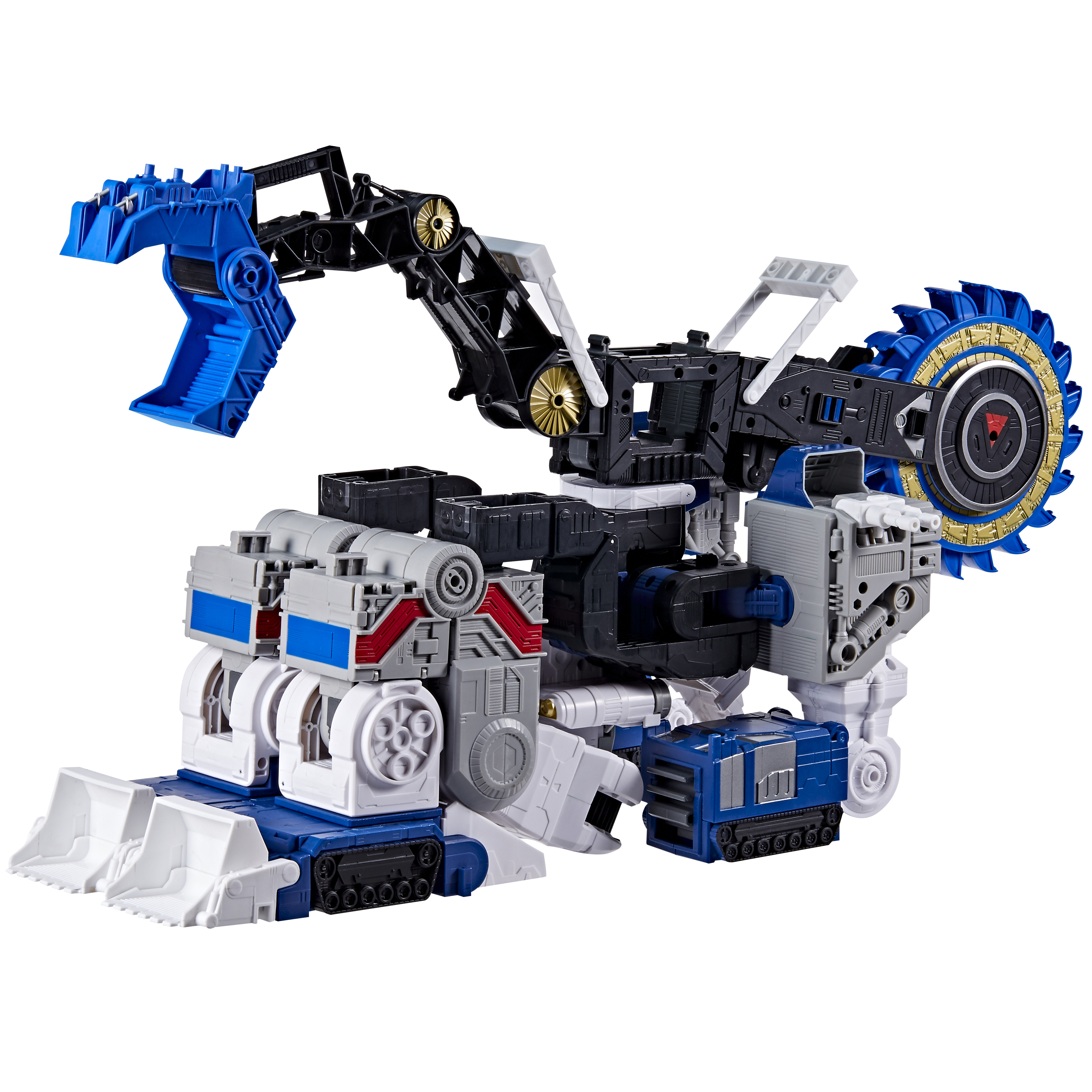 Un robot giocattolo blu, grigio, nero e bianco. Ha una sega rotante, un artiglio e una benna.