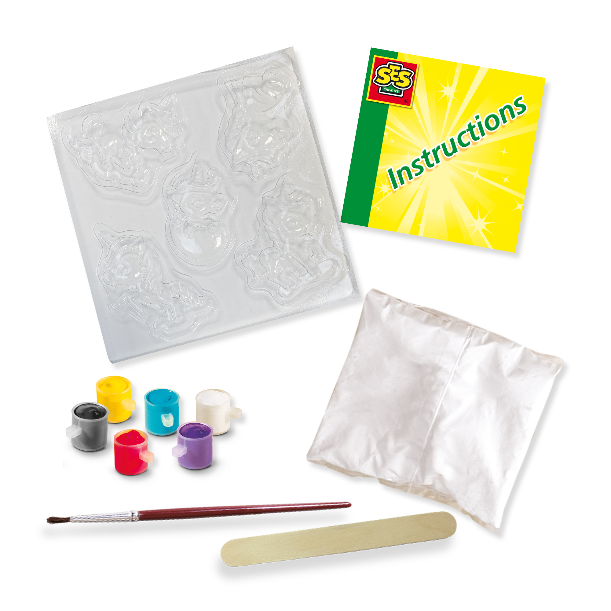 Zestaw rzemieślniczy z formą, farbami, pędzlem, instrukcjami i patyczkiem do mieszania. Forma ma kształty zwierząt.