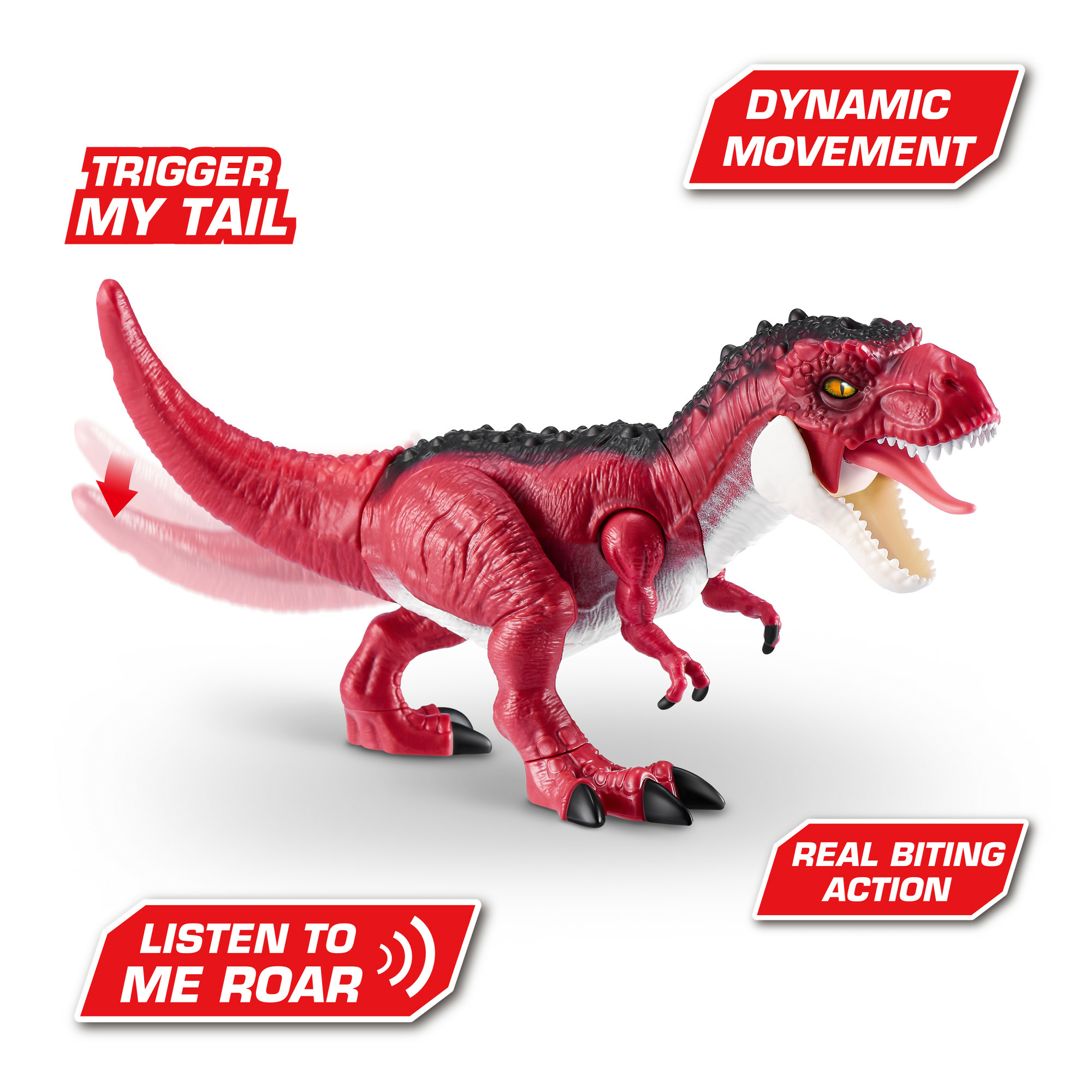 Un dinosaurio de juguete rojo con detalles negros. Tiene una boca blanca y una lengua larga. Hay varias etiquetas rojas.