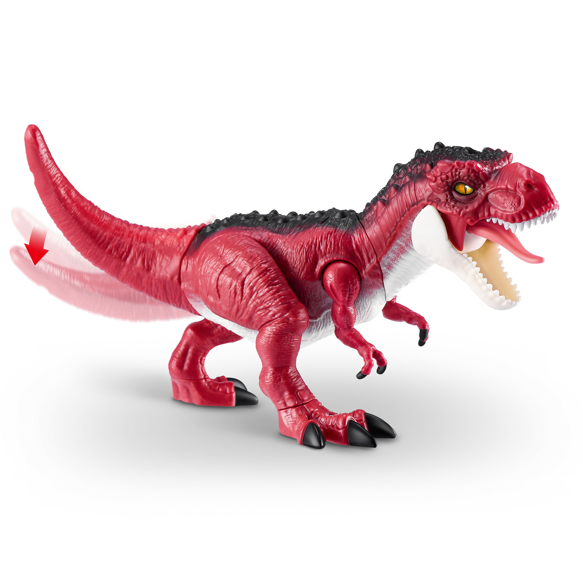 Un juguete de dinosaurio rojo con detalles negros. Su cola se mueve y tiene la boca abierta mostrando dientes.