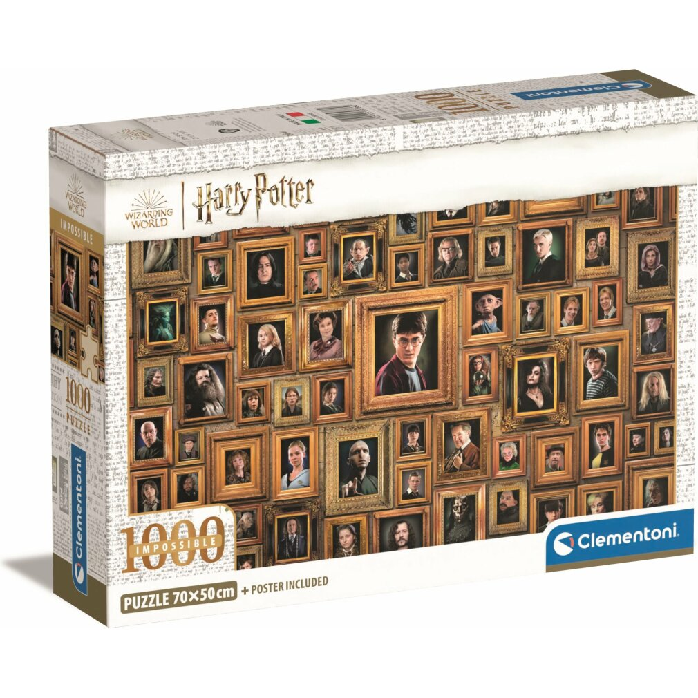 Scatola del puzzle di Harry Potter. La scatola mostra ritratti incorniciati di personaggi di Harry Potter. Dice 'Impossible' e '1000 puzzle'.