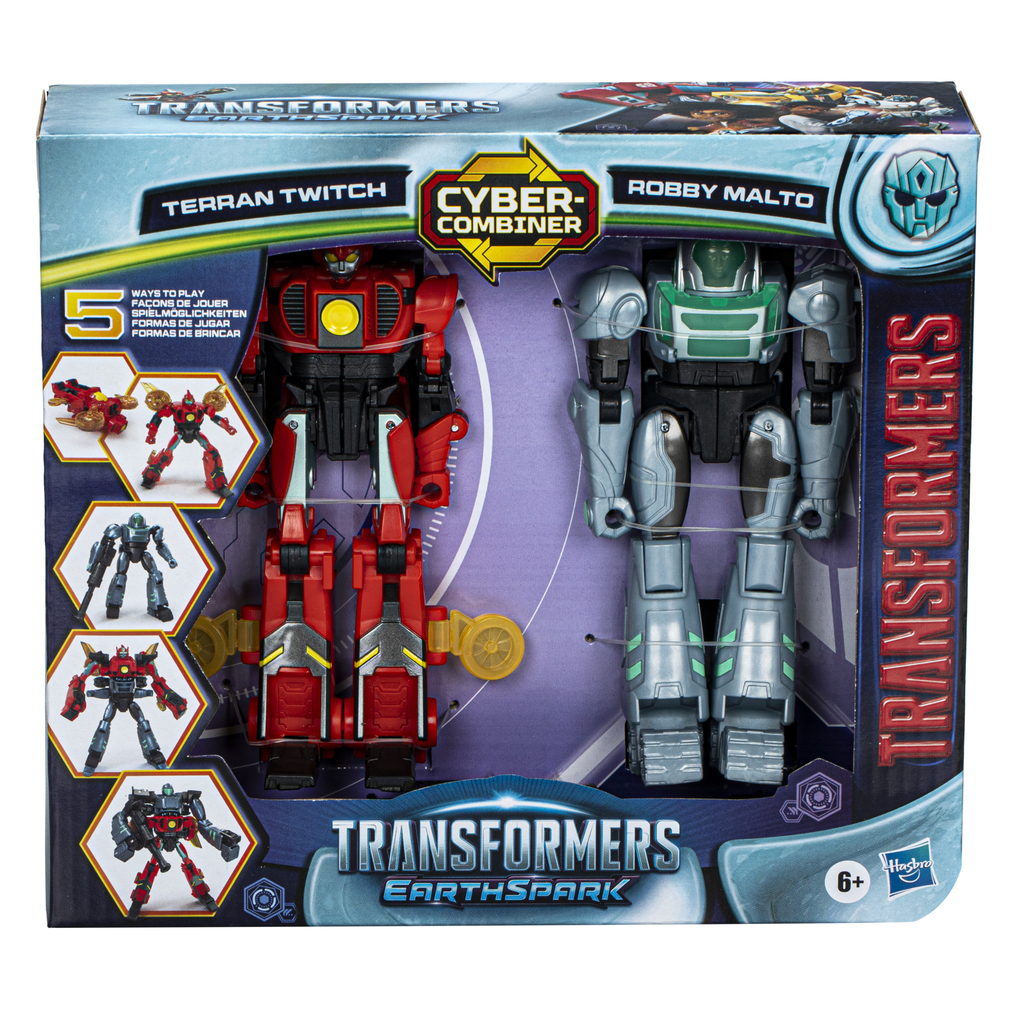 Giocattoli Transformers in scatola: Terran Twitch e Robby Malto. La confezione mostra immagini dei giocattoli e il marchio.
