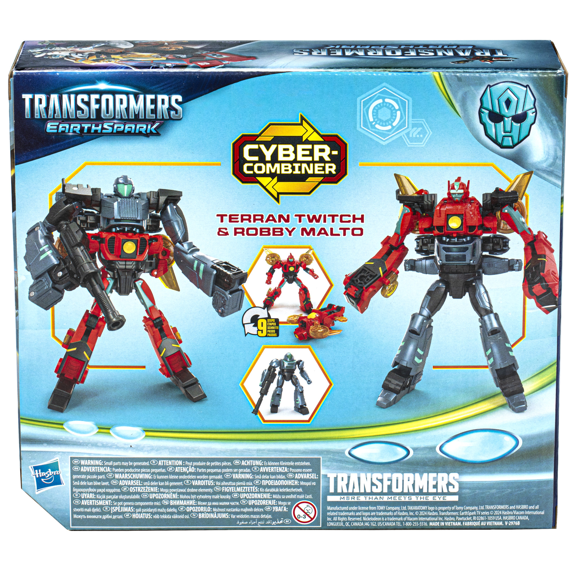 Illustrazione della scatola per i giocattoli Transformers Earthspark Cyber-Combiner. Presenta figure di robot in rosso, grigio e nero. Il testo include i nomi.