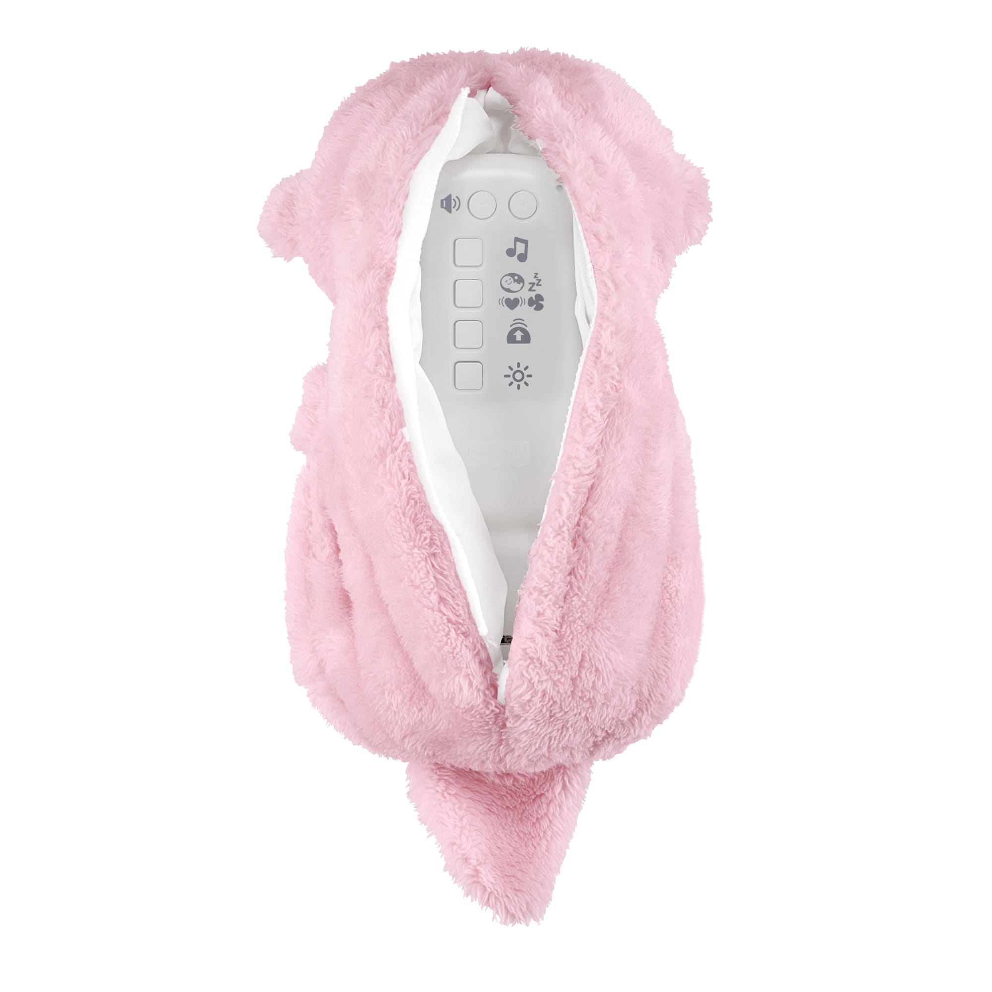 Ein rosa, kuscheliges Baby-Soundgerät in Bärenform. Es hat Knöpfe und Symbole für verschiedene Funktionen.