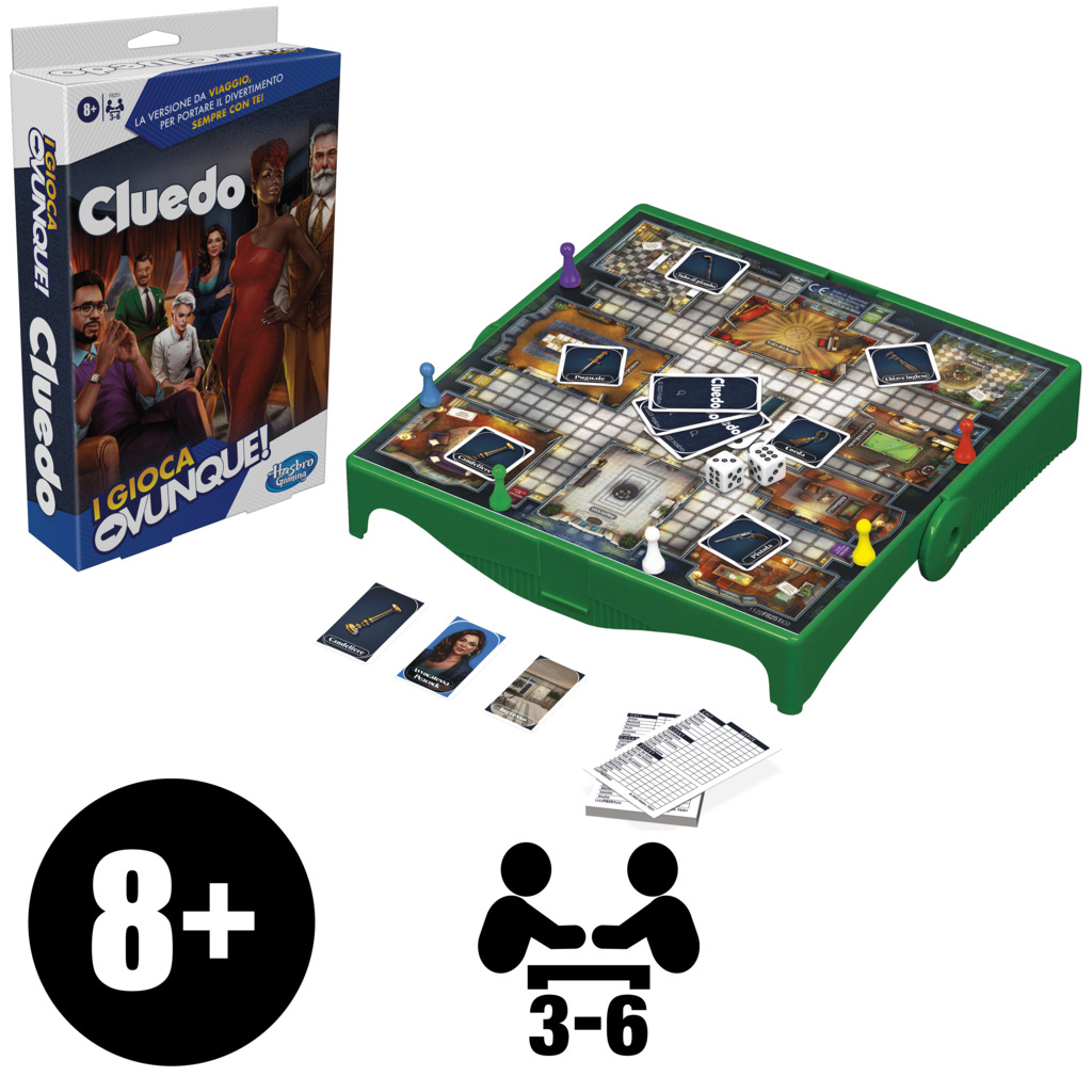 Cluedo-Reisespielbox und Spielbrett mit Würfeln, Karten und Charaktermarken. Alter 8+; für 3-6 Spieler.
