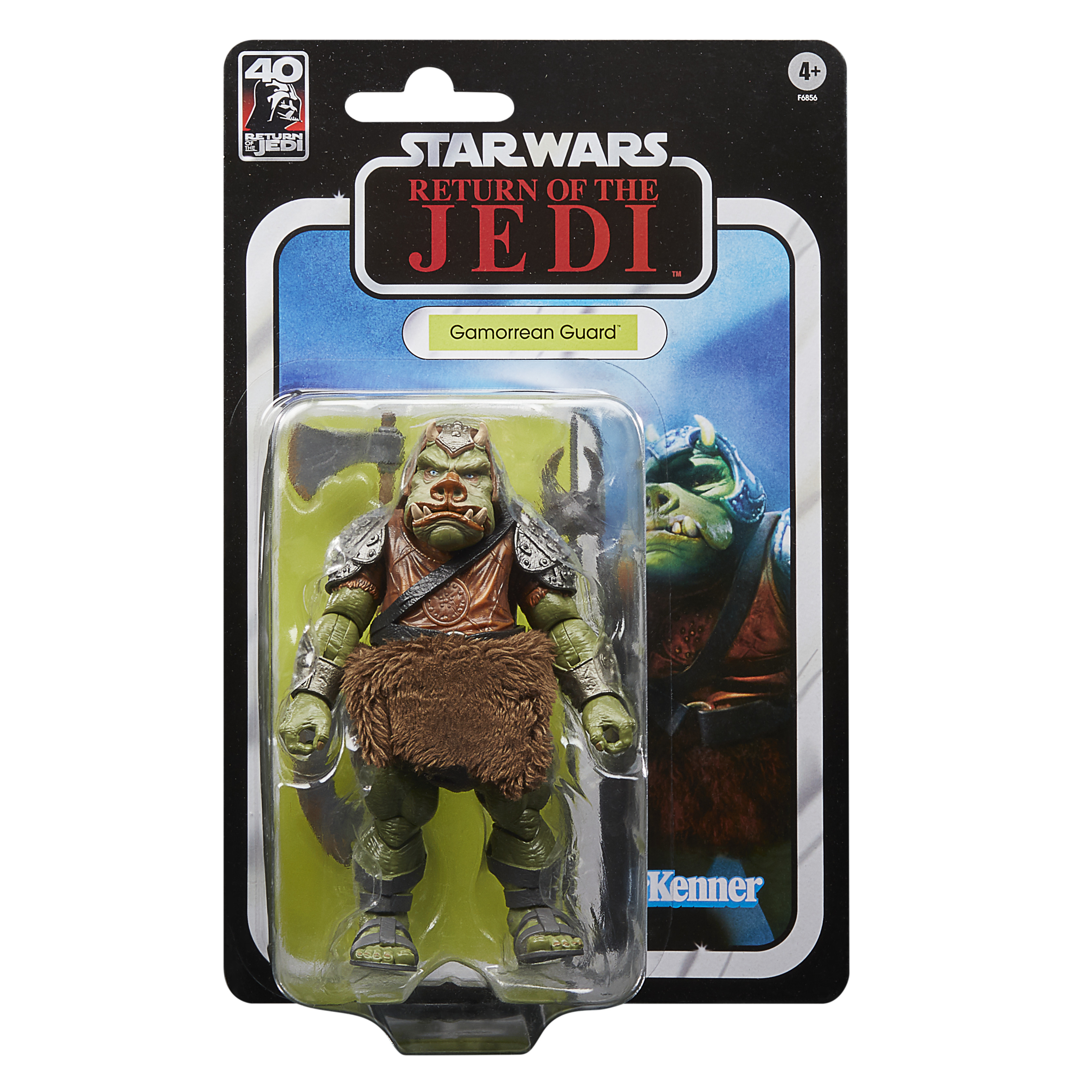 Una figura de Star Wars de un Gamorrean Guard. La figura está en una caja de plástico con fondo azul y las palabras Return of the Jedi.
